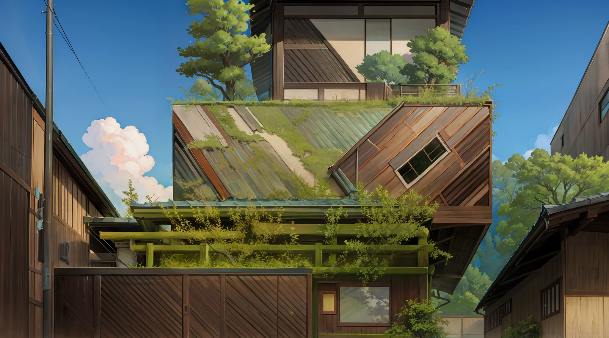 there is a tall building with a wooden roof and a green plant growing on the top, nature meets architecture, roof with vegetation, sustainable architecture, building cover with plant, vegetal architecture, vertical gardens, green architecture, vegetated roofs, plants on balconies, excellent textures, detail texture, painstaking detail, chiseled architecture, dense with greenery, (Japanese modern Landscape), (Hayao Miyazaki Style) (your name), japanese modern house, road, bend, small house, tree, pole, white cloud, landscape, outdoor, green trees, epic composition, realistic lighting, high-definition detail, masterpiece, the best quality, (very detailed CG unified 8k wallpaper), --v6