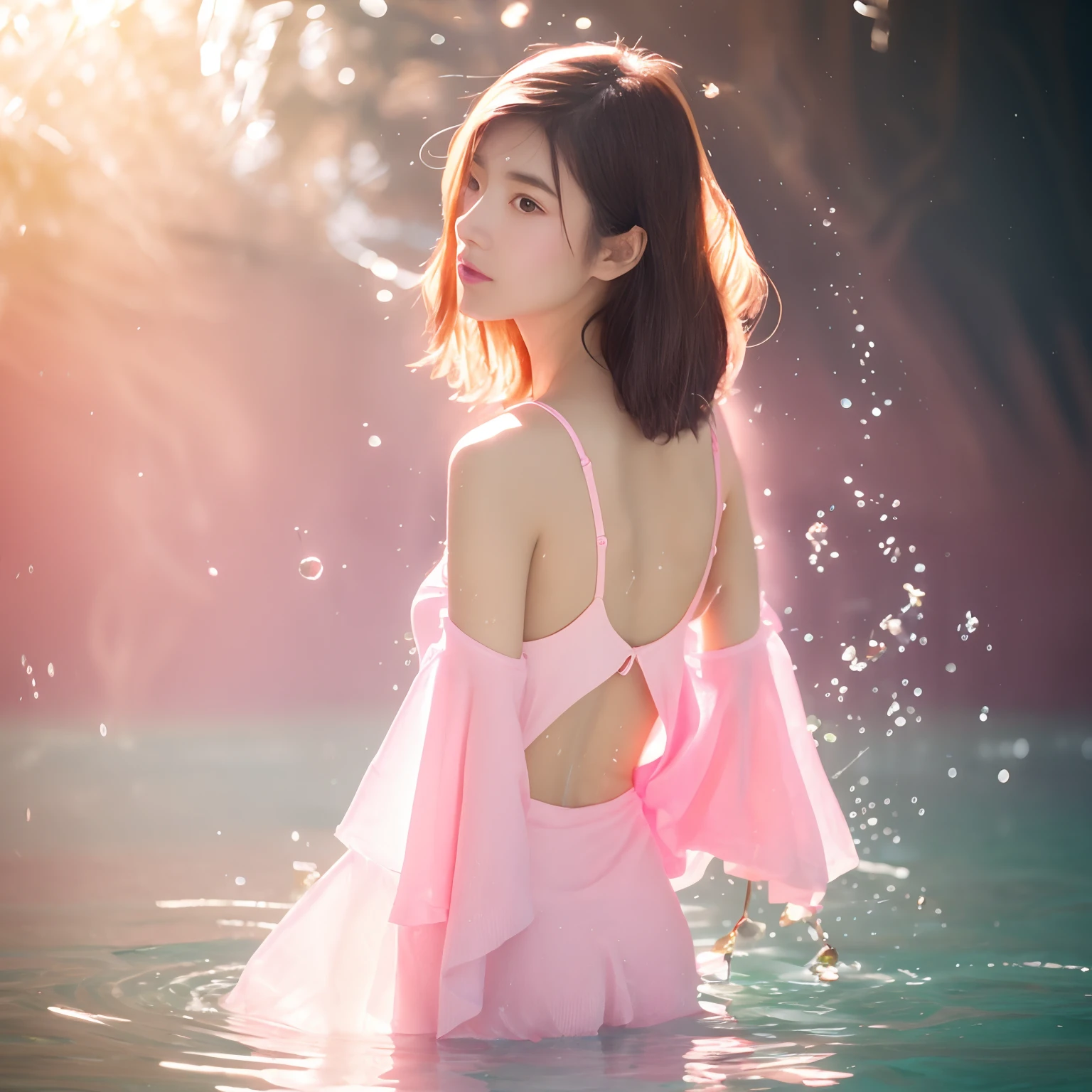 Moe girls have smooth skin，Crystal clear splashes are perfectly reflected，Purple Eye，Floating splashes，Transparent water droplets，Beautiful Glow，best qualtiy，illustratio，tmasterpiece，Best Production，best qualtiy，ighly detailed，extremely details CG，illuminating，adolable，aqua hair，Contour light，dingdall effect，Burn splash clothes，Bare shoulders，depth of fields，Exquisite facial features，Sprout，Crystal Texture Skin，Water particle effect，dream magical，Airborne luminescent particles，burning hair，Water film，Back close-up，Beautiful back，（Viscous water），turn back，full body shot shot，Turn left and look back，tilts head，Full body photo，((in pink))((Pink Water Flowing Clothes))、Beautiful legs、Beautiful feet、Beautiful white thin legs、Beautiful legs are visible、Water up to the ankles、Water depth up to the ankle