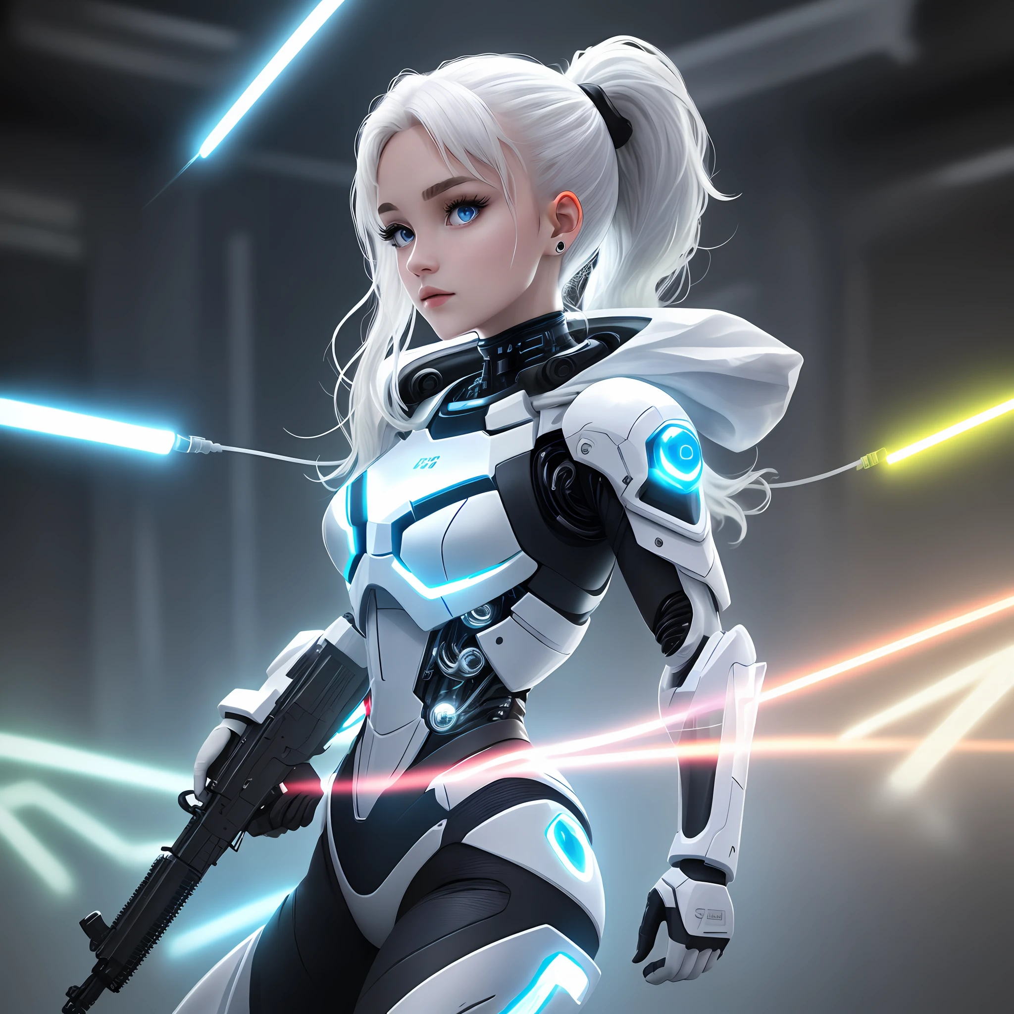 Full body internet girl with ponytail. Ariana Grande's face. Bright white indicates that she is a cyber girl with a white laser rifle. White eyebrows. Clear clothes like cat outfits. She also has bright blue eyes. The environment is similar to a terminator. The hair is platinum blonde. One side of her face was illuminated by bright blue. Like LEDs. And both hands also have LED lights.