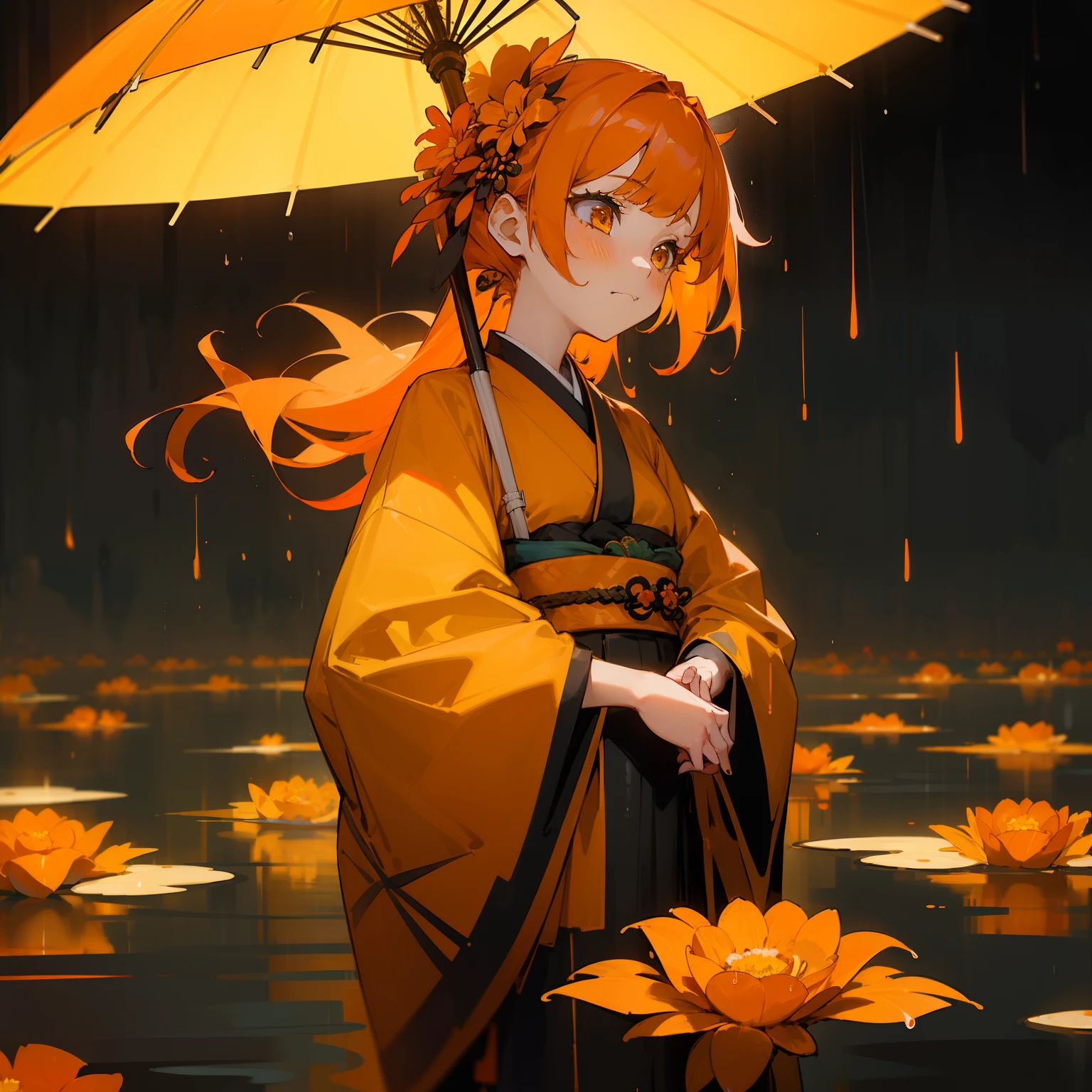 (Beautifully Aesthetic:1.2)、(1girl in:1.3)、(Black and orange colorful hair:1.2)、Wearing a colorful kimono of orange and yellow、Fantastical、wretched、Orange and yellow marigolds are blooming、natta、starrysky、Sad face、under the rain