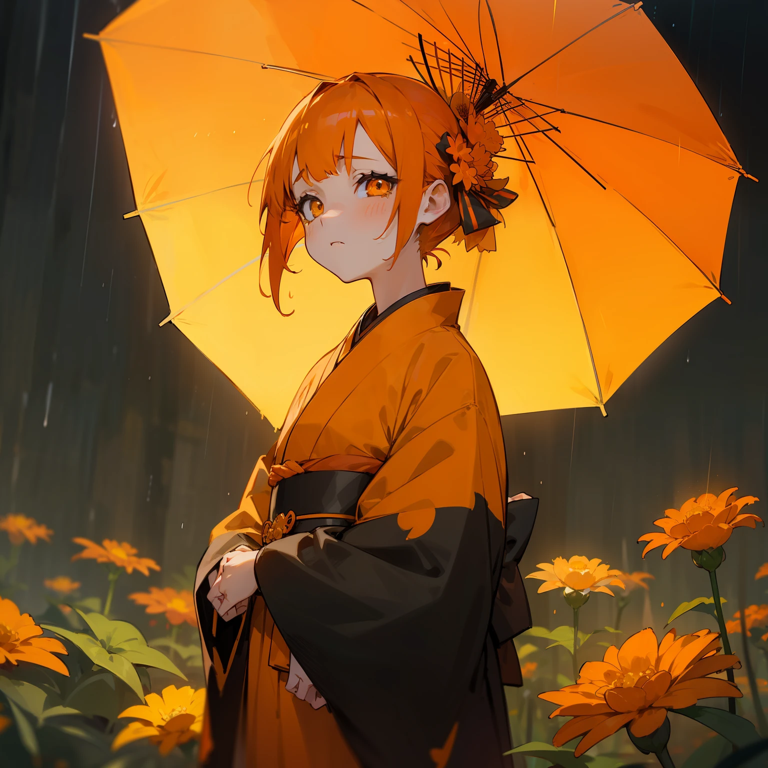 (Beautifully Aesthetic:1.2)、(1girl in:1.3)、(Black and orange colorful hair:1.2)、Wearing a colorful kimono of orange and yellow、Fantastical、wretched、Orange and yellow marigolds are blooming、natta、starrysky、Sad face、under the rain