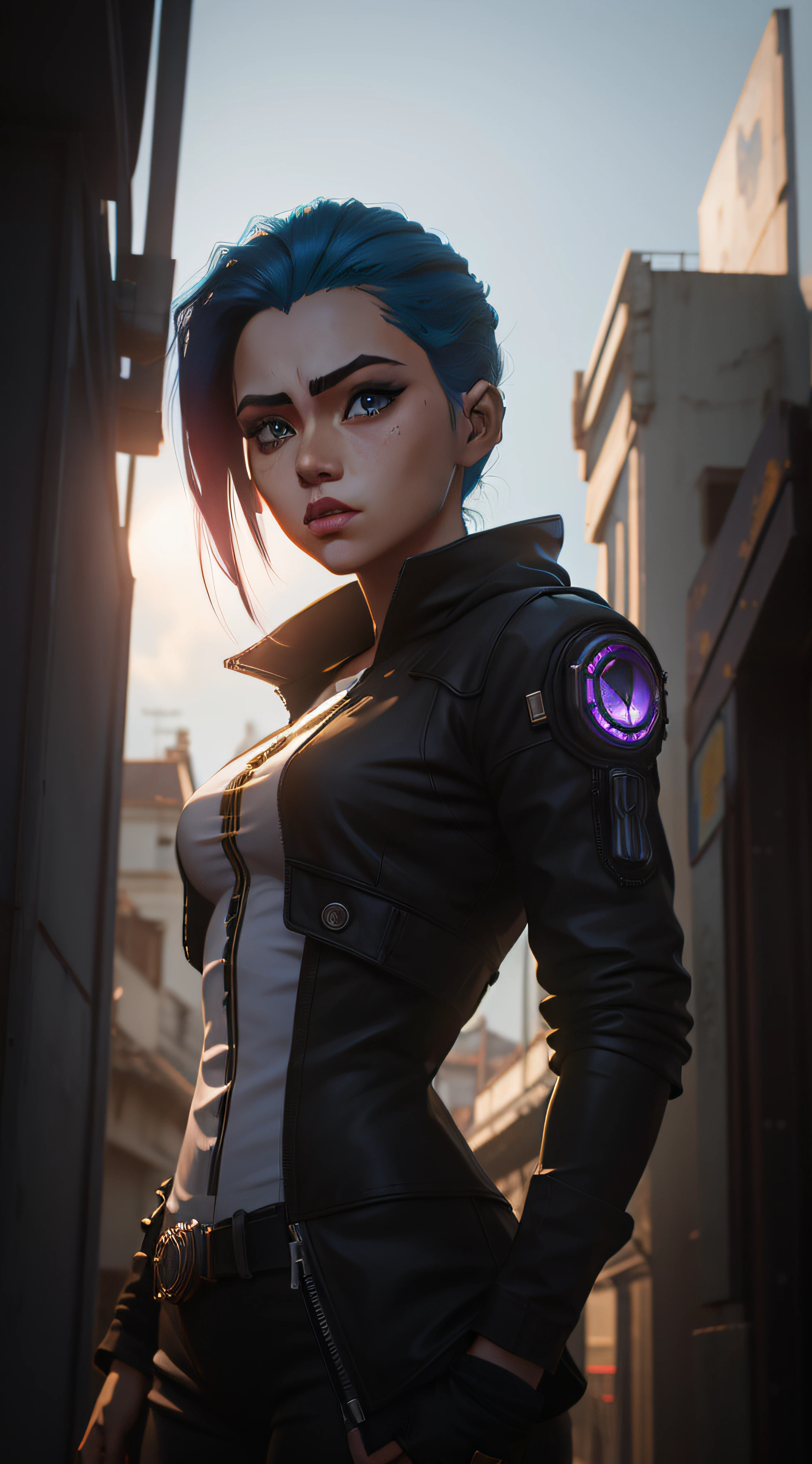 Estilo anime, realista, qualidade HD, cyberpunk, de cabelos castanhos longos, olhos castalhos, jaqueta de couro preta, blusa branca com desenho, no meio da cidade.