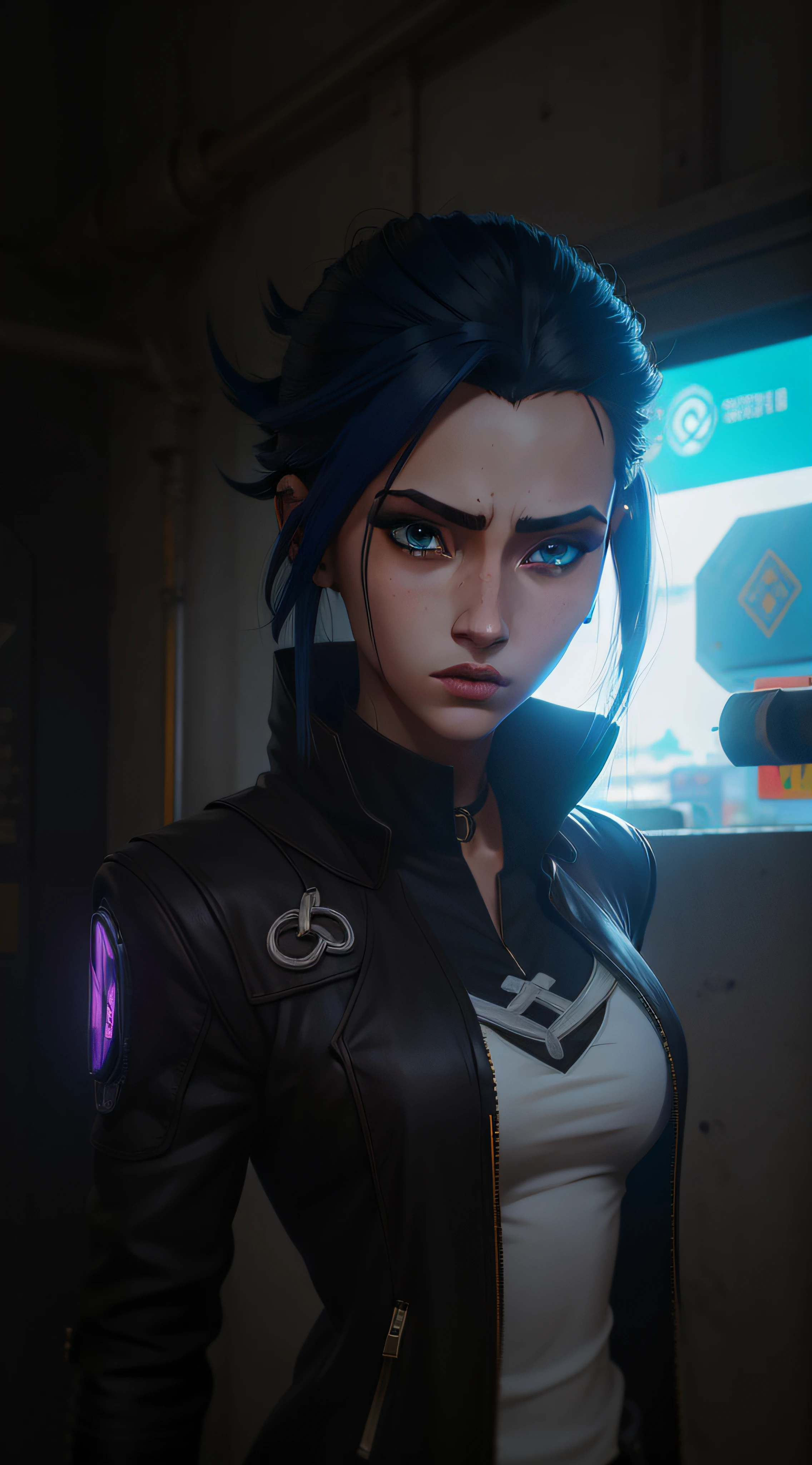 Estilo anime, realista, qualidade HD, cyberpunk, menina de cabelos castanhos longos, olhos castalhos, jaqueta de couro preta, blusa branca com desenho, no meio da cidade.