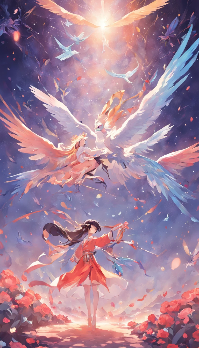 Chinese mythology and stories，Two immortals，Vaqueiro，Weaver，A flock of magpies are linked end-to-end in space and roses together，Build a beautiful rainbow bridge，A flyover where magpies are connected end to end，Rose Skybridge，Rainbow Skyfly，Vaqueiro，Weaver，Flew onto the flyover，The two met，Hugged，Kiss each other，The ends of the flyover are covered with flowers，The background of the picture is a bright moon，Jade Rabbit greeted with flowers in his hand，The background is full of stars blinking，The background is a dark blue night view，cartoonish style，Do not have bright colors，k hd，Rich in detail - AR 3:4 --njji 5