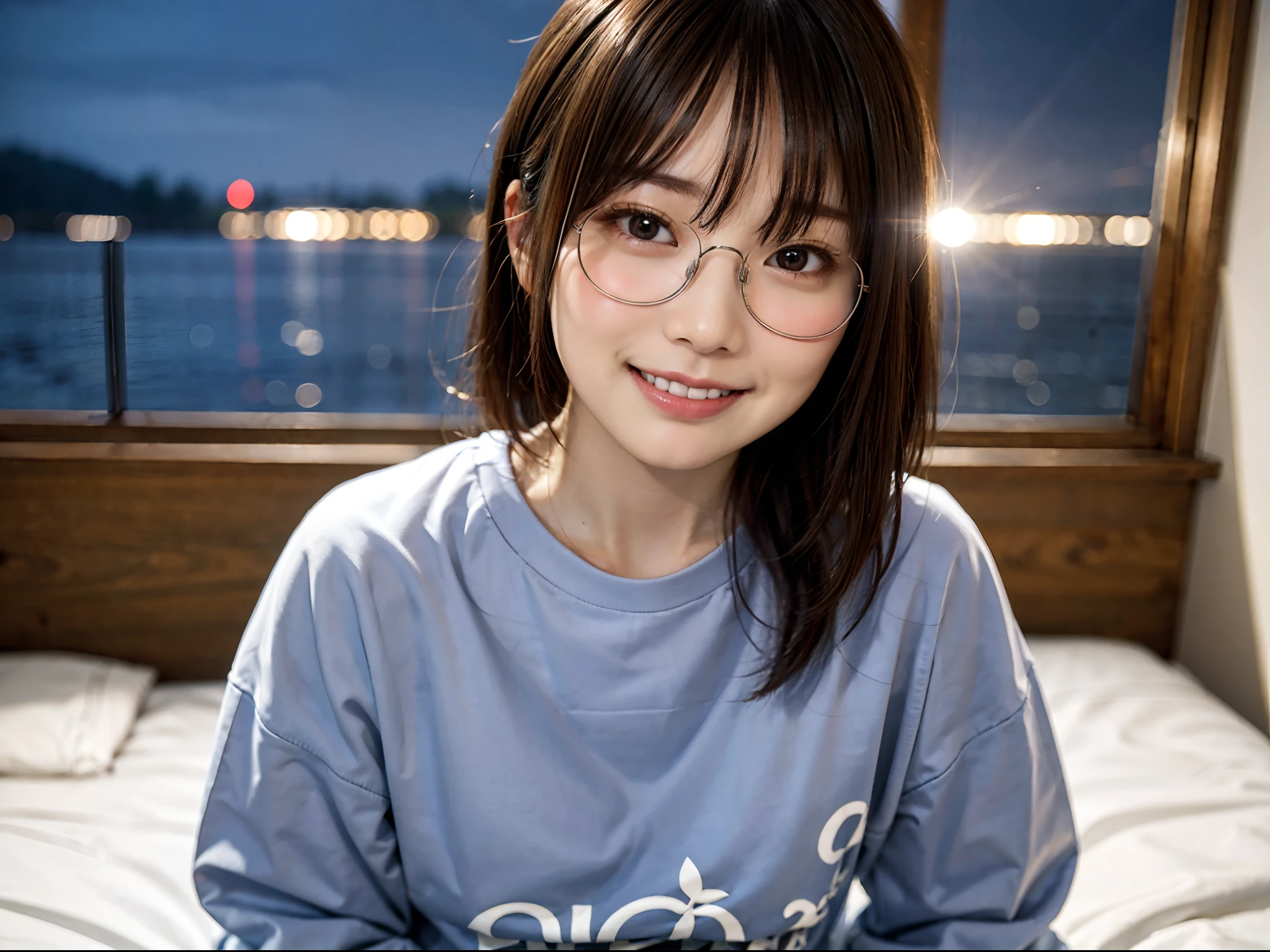 Japan girl in casual clothes in hotel room at night、looking at the viewers、(top-quality、​masterpiece)))、hight resolution、ighly detailed、​masterpiece、电影灯光、(8K、top-quality、​masterpiece:1.2)、(realisitic、Photorealsitic:1.37) Hi-Res、The ultra-detailliert、Woman with glasses、asian human, cute little, cute  face, 独奏, Short hair 1.2, Textured skin, beautiful smiling face, Beautiful detailed night sky, Detailed night view, 电影灯光, depth of fields, Lens flare light、Sitting in bed、Dating、(blush nose)、(A smile:1.15)、(Mouth closed)tiny chest、beautiful finely detailed eyes、(long Sleeve T-Shirt:1.1)、Wearing a sweatshirt、natta、(shorth hair:1.2)、Floating hair Nova frog style、