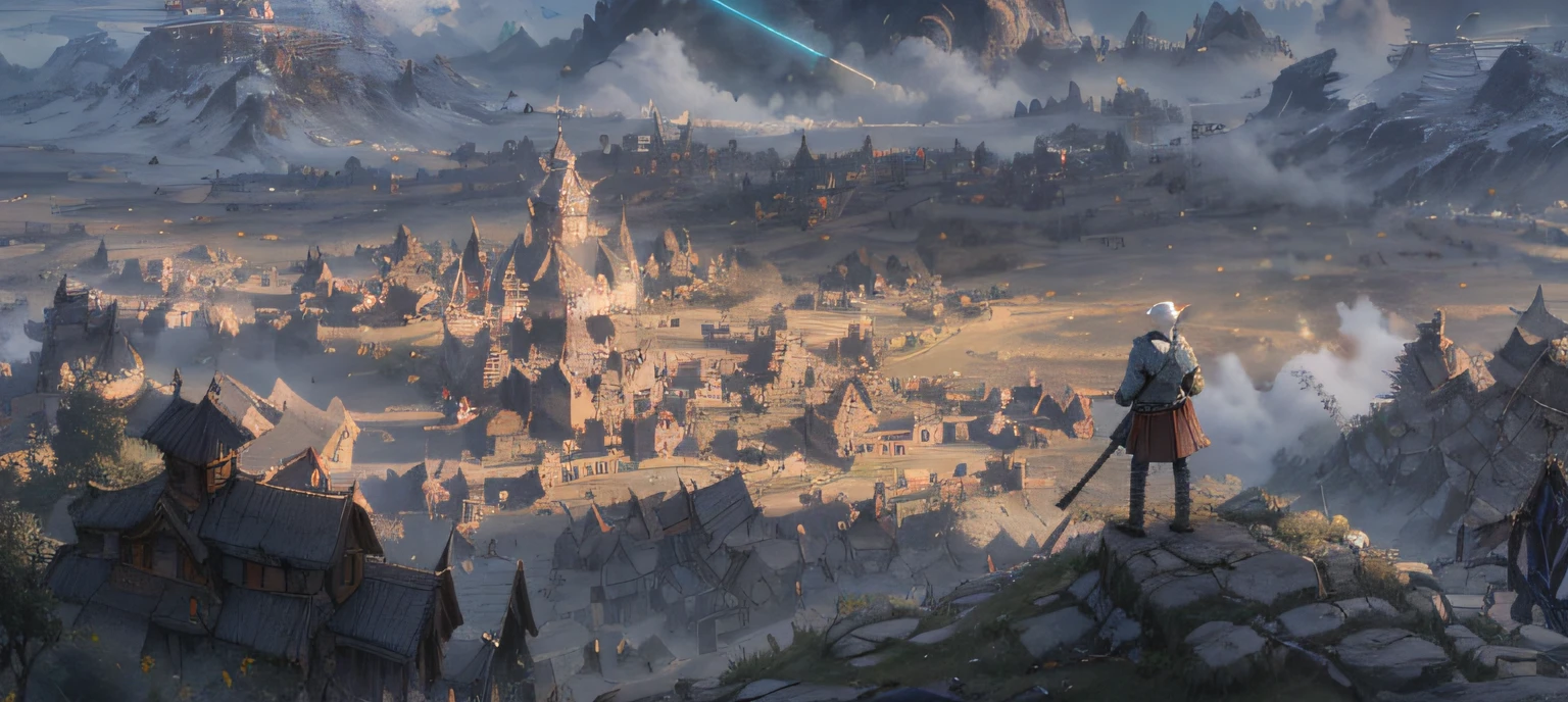 There was a man standing on a hill looking at a city, arte conceitual medieval, whiterun in the style of pixar, for honor charector concept art, 4k morrowind concept art, Detailed 4K concept art, the witcher concept art, highly realistic concept art, Viking City, iintricate、Epic concept art, sci - fi mongolian village, epic cinematic concept art