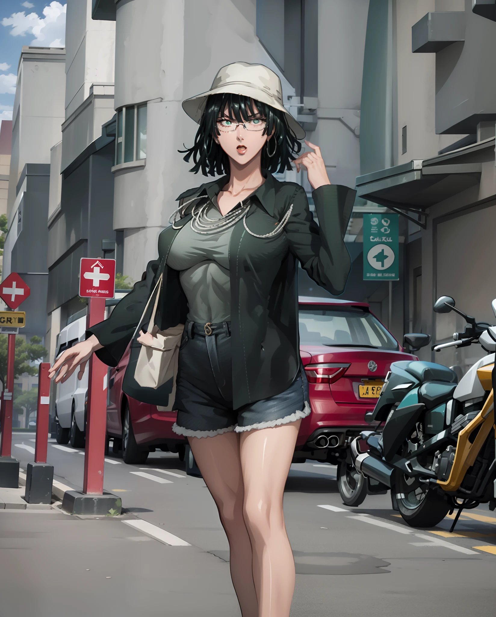 Girl, red lips, big nose, big tits, glasses, shorts hair, black hair colors, wearing earrings, wearing a necklace, fair skin, gray bucket hat colors, long sleeve levis shirt, white shorts tank top colors, short black pants, sexy body, sexy girl, stand pose, elegant pose, beautiful girls, in outdoor, urban background, realistic, looking forward, five finger in hand, straight finger in hand