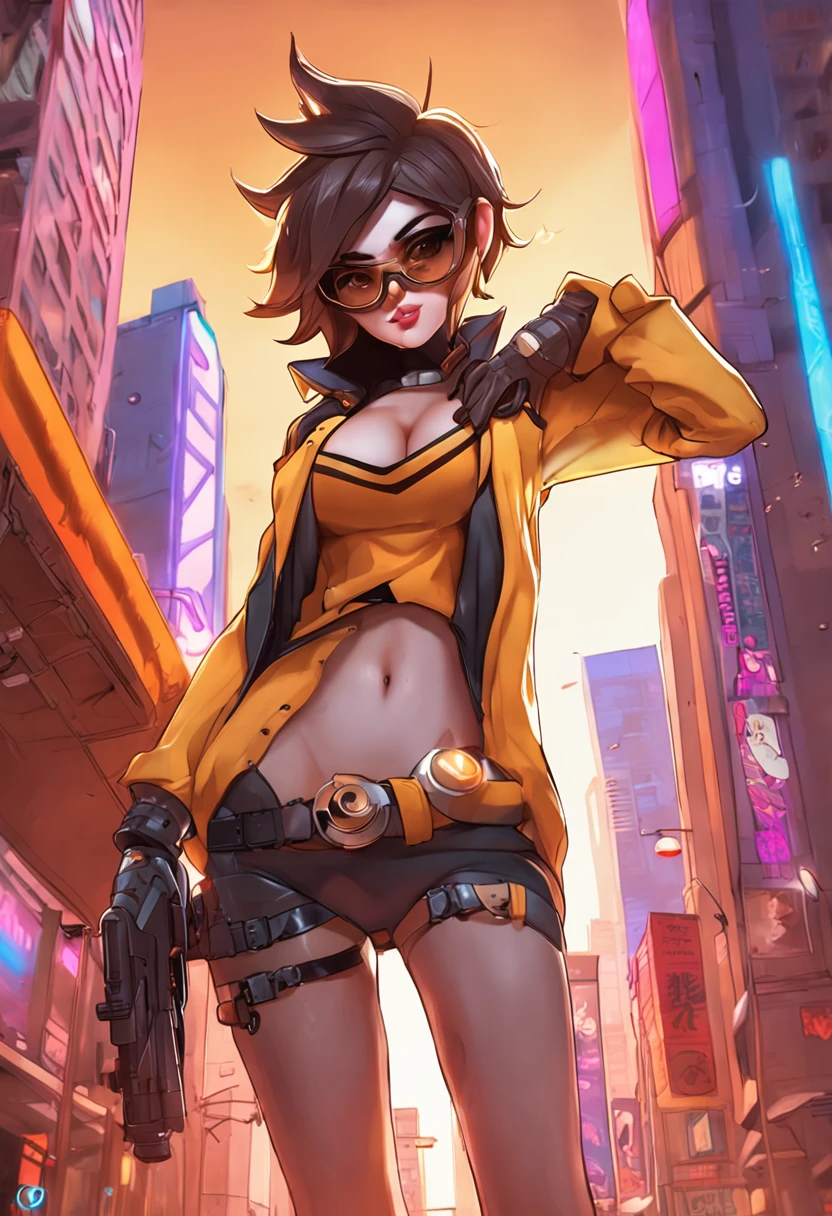 tracer from overwatch in the city, sexy, big boobs, big eyes nude
