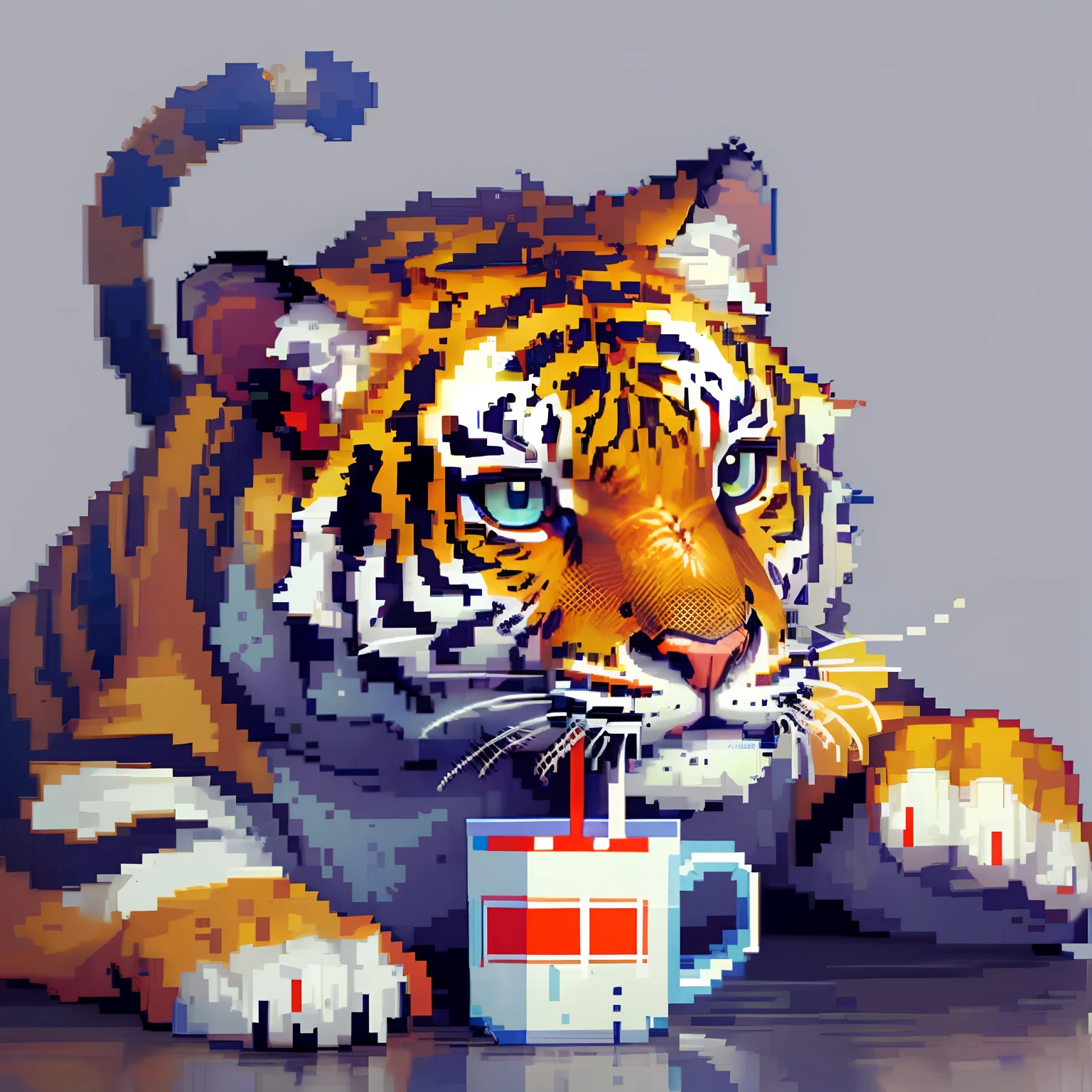 ((in the style of pixel art)), pixel, 4 bits pixel art, 1tiger, (drinking milk), milk box, pixel official art, absurd res, looking at viewer, solo focus, dynamic angle, head tilt, simple background, gray background, ultra detailed pixel art
