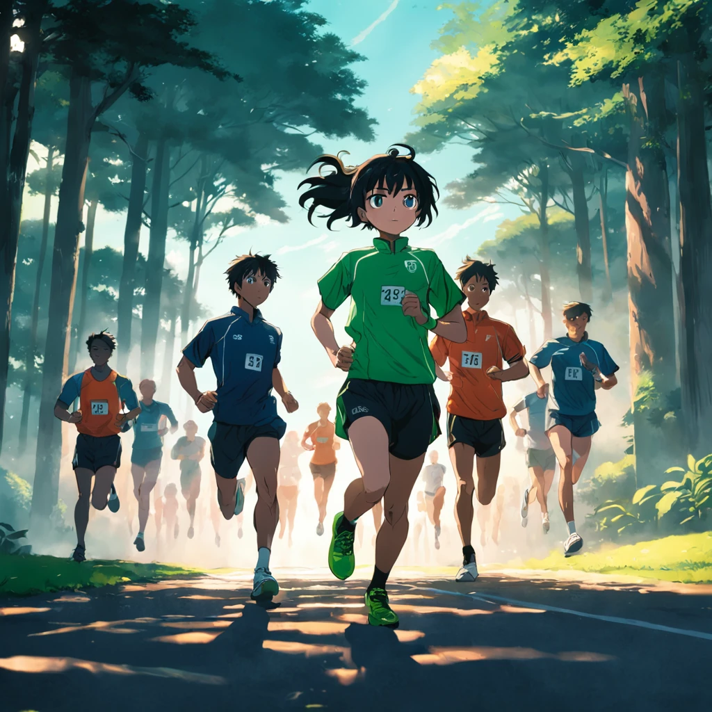 Fujifilm's primetime film on the Velvia 50 features a group of black marathon runners wearing bright green branded clothing and sportswear, Eager to embark on a challenging marathon. The wide angle includes the entire group, Show their determination and camaraderie. The runner's muscles are tensed in anticipation, Their expressions were full of excitement and concentration. Each person's unique personality shines through, Highlight diversity within the Group. man of wealth, The warm colors of the primetime lights add a touch of magic to the scene, Cast a long shadow on the ground，Creates a sense of movement，As if time itself is in motion.