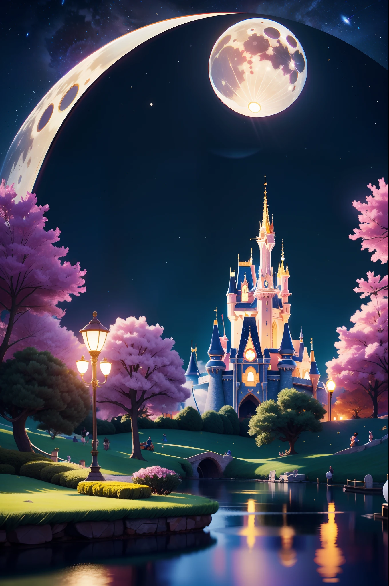 in a panoramic view，wide angles，（There is a man and a woman in the picture、 puss，Mickey Mouse Castle、Panoramic view of Disney's stone castle），Starry night、4k picture quality，Detailed description，Depiction of demeanor，Detail portrayal，large moon、Small clouds、Moonlight、tranquil lake，Beautiful moon reflection、Ultra-realistic scenes、detaileds、Foto realism，（Starry sky at night，Fireworks bloom in the sky，Spherical flowers explode，Colorful），The meadows are full of flowers，The wind blows the petals，Normal face，