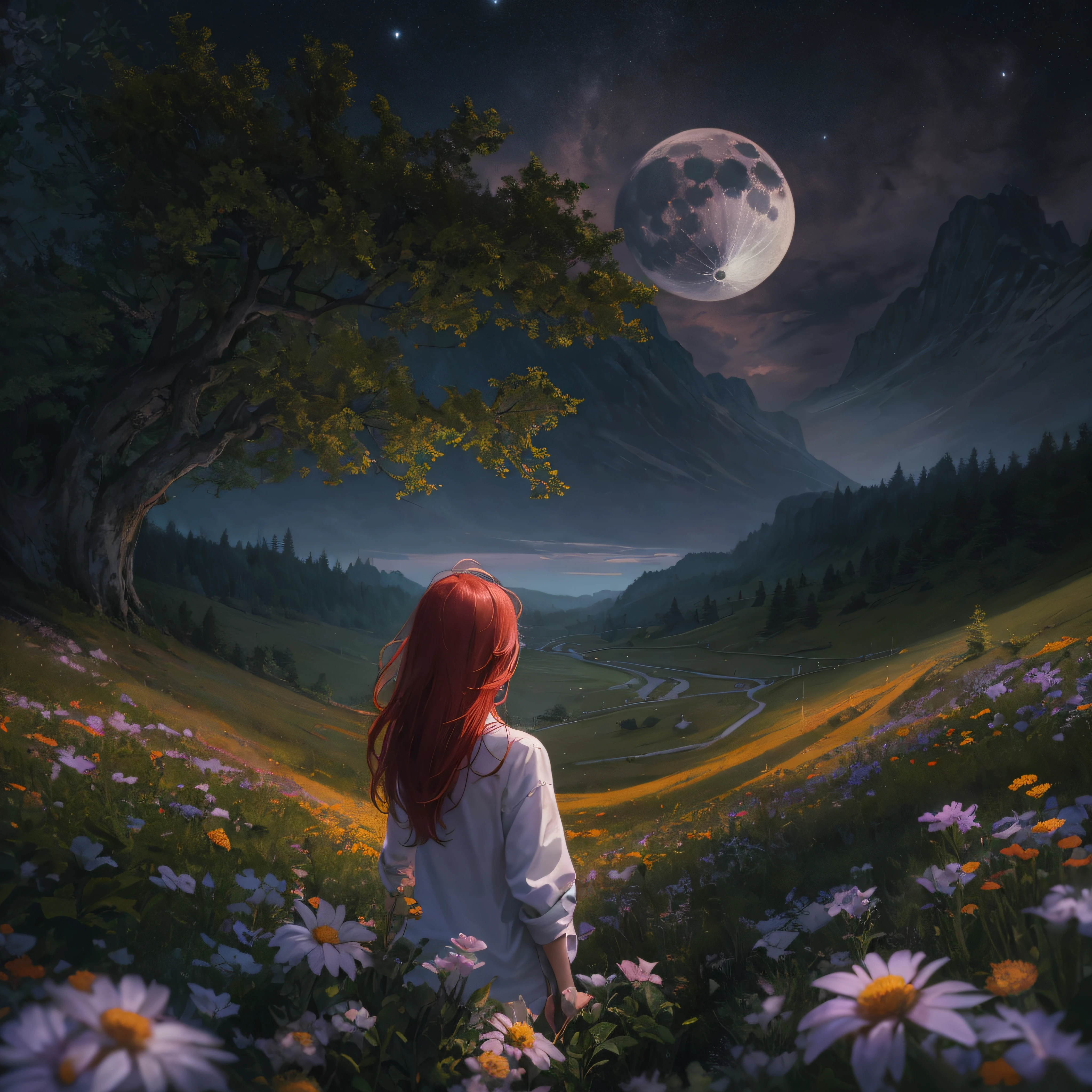 Expansive landscape photography,(a bottom view showing the sky above and open country below),a girl standing in a field of flowers looking up,(moon full:1.4),(meteors:0.9),(Starcloud:1.3),mountain in the distance,tree-breaking production art,(Warm light source:1.2),(glowworm:1.2),lamp lights,Lots of purple and orange,Complicated details,Volumetriclighting,BREAK realism(tmasterpiece: 1.2) , (best qualtiy), 4K, ultra - detailed, (Dynamic synthesis: 1.4), highly detailed, Colorful detailed, (Irridescent color: 1.2), (Bright lighting, Atmospheric lighting), dream magical, magic, (独奏: 1.2, red hair, white shirt, black long pants.