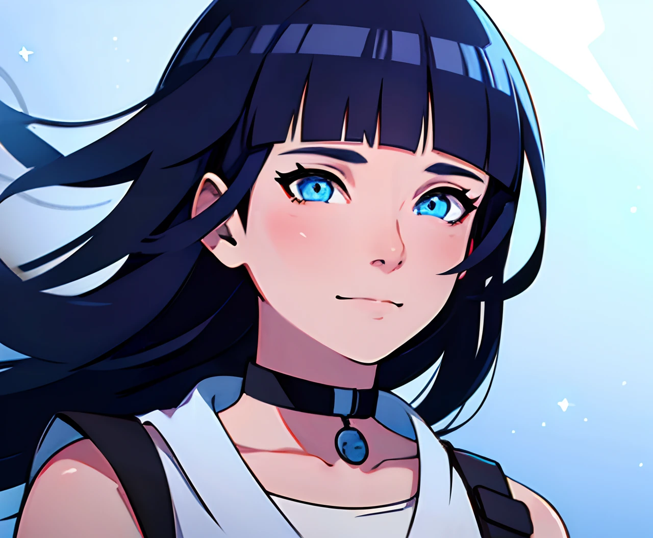 (high-quality, breathtaking),(expressive eyes, perfect face), short, young girl, long dark blue hair, blue eyes, smile, white crop top, choker, urban setting, blue sky, shine, glow, blunt bangs, himawari uzumaki, long hair, soft focus , light gradation watercolor , lens flare , glitter , glow , dreamy , white backgrond