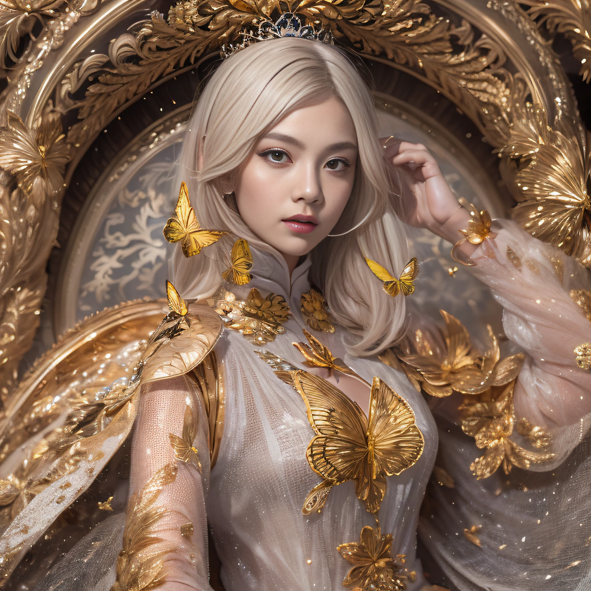 32K(tmasterpiece,k hd,hyper HD,32K)Short flowing light orange hair,Gold jewelry area in the back room,Women's Oversized Floor ,Silver Gold Dragon Protector (realisticlying:1.4),Python pattern robe,Purple-pink tiara,Golden foam flutters,Snow red marble background is pure,Hold your head high,Be proud,The nostrils look at people, A high resolution, the detail, RAW photogr, Sharp Re, Nikon D850 Film Stock Photo by Jefferies Lee 4 Kodak Portra 400 Camera F1.6 shots, Rich colors, ultra-realistic vivid textures, Dramatic lighting, Unreal Engine Art Station Trend, cinestir 800,Hold your head high,Be proud,The nostrils look at people,Short light orange hair,Linen vest,Impeccable,Exaggerated and unfounded feelings about one's own importance and talents (pompous). Focus on unlimited butterfly fantasies, influencer, power, information, Beauty, Or perfect love. Attributed to the special and unique,Only the highest quality people should be associated