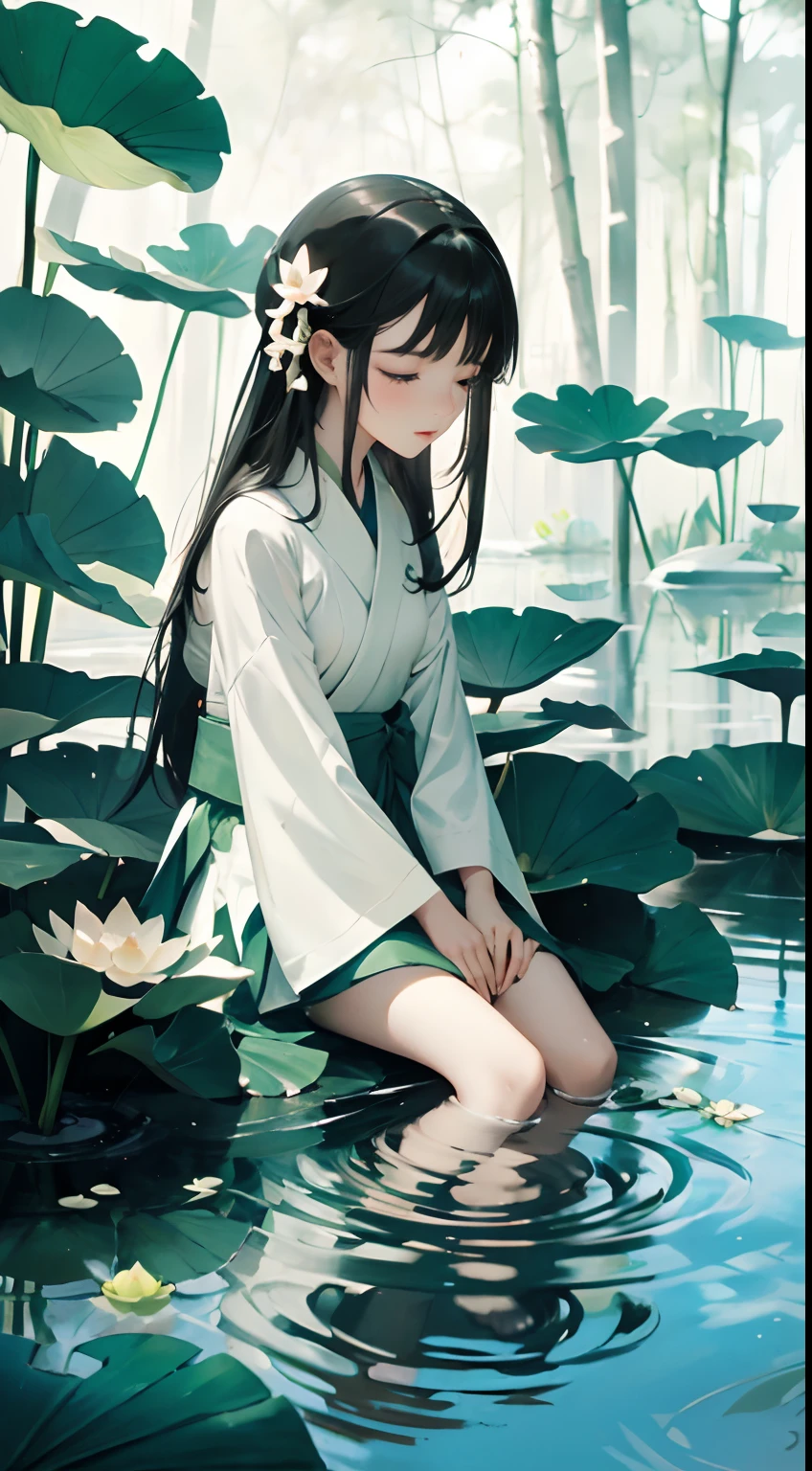A pond full of lotus, a girl sitting on the lotus leaves of the pond, happily,huge lotus leaves, barefoot, dressed in white and green hanfu, light and shadow, a masterpiece