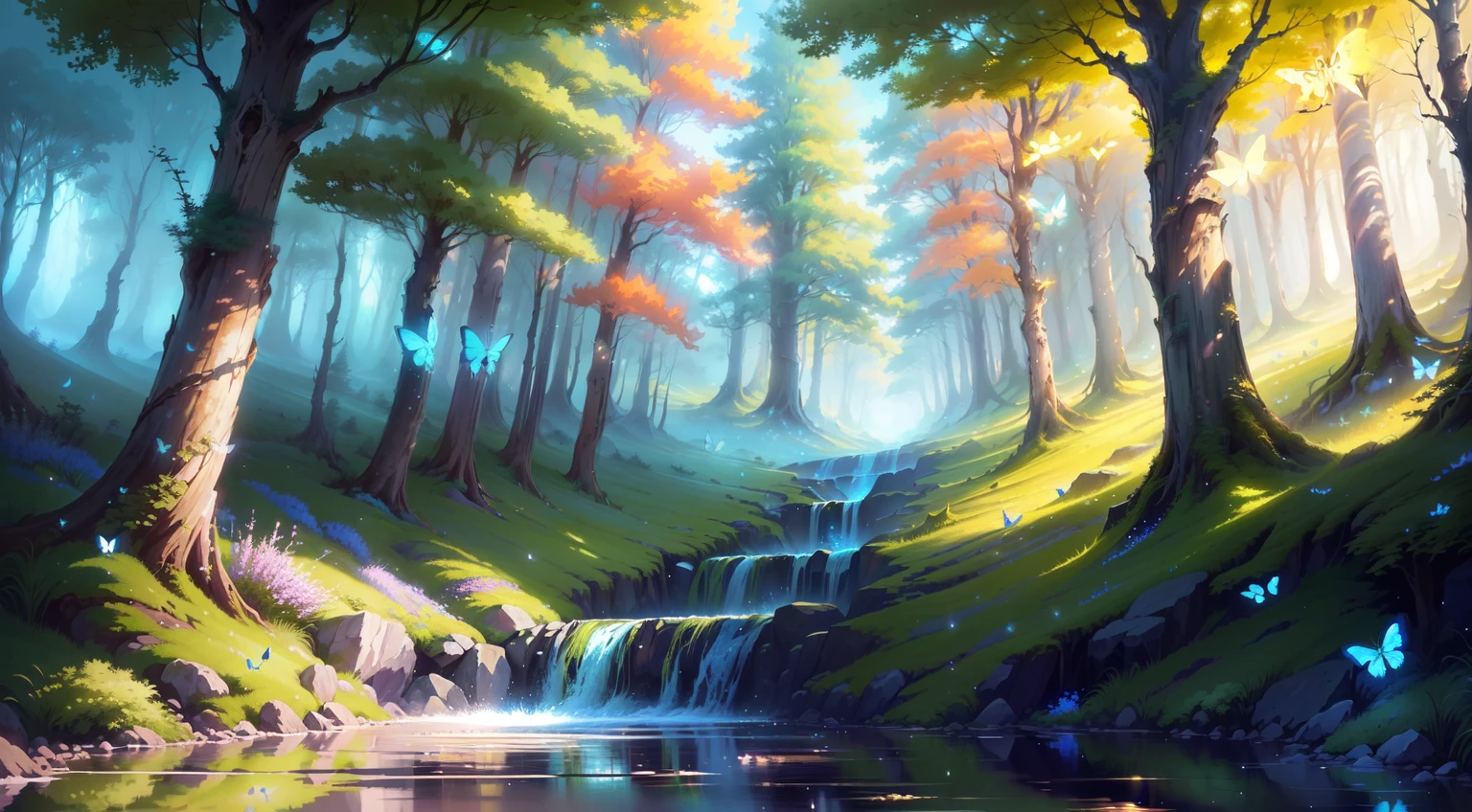 painting of a beautiful forest scene with a stream and butterflies, scenery artwork, dream scenery art, background artwork, scenery art detailed, anime nature, magical environment, anime beautiful peace scene, anime nature wallpap, beautiful environment, background art, peaceful landscape, detailed scenery —width 672, beautiful anime scenery, magical landscape, anime background art, amazing wallpaper