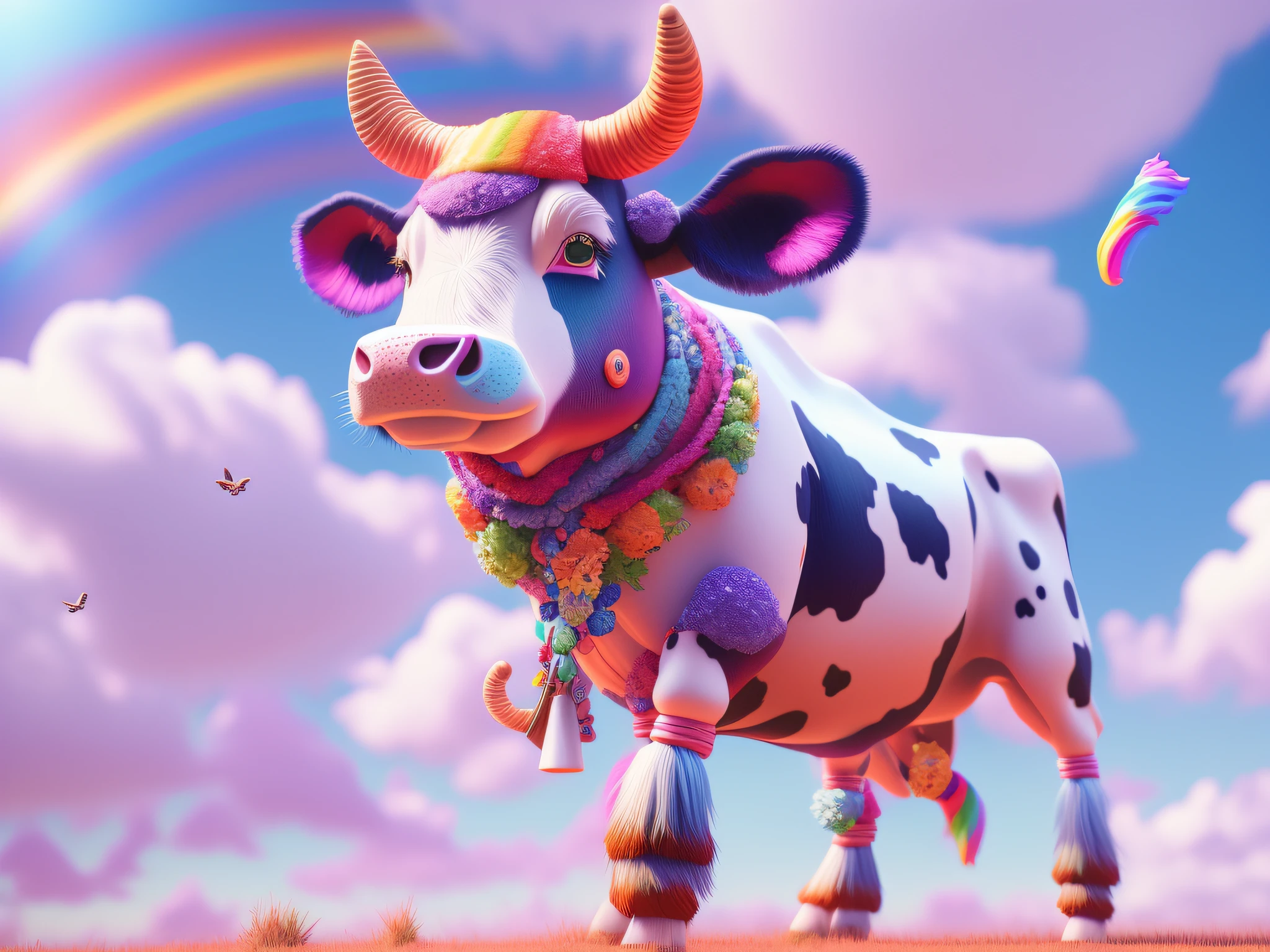 There was a cow standing on the grass,The background is a rainbow, stylized pbr, stylized as a 3d render, jen bartel, cow, flying cow, fantasy style 8 k octane render, Fantastic , mikecow, 3 d render official art, super detailed render, inspired by Ron English, Rolands Zilvinskis 3D rendering art