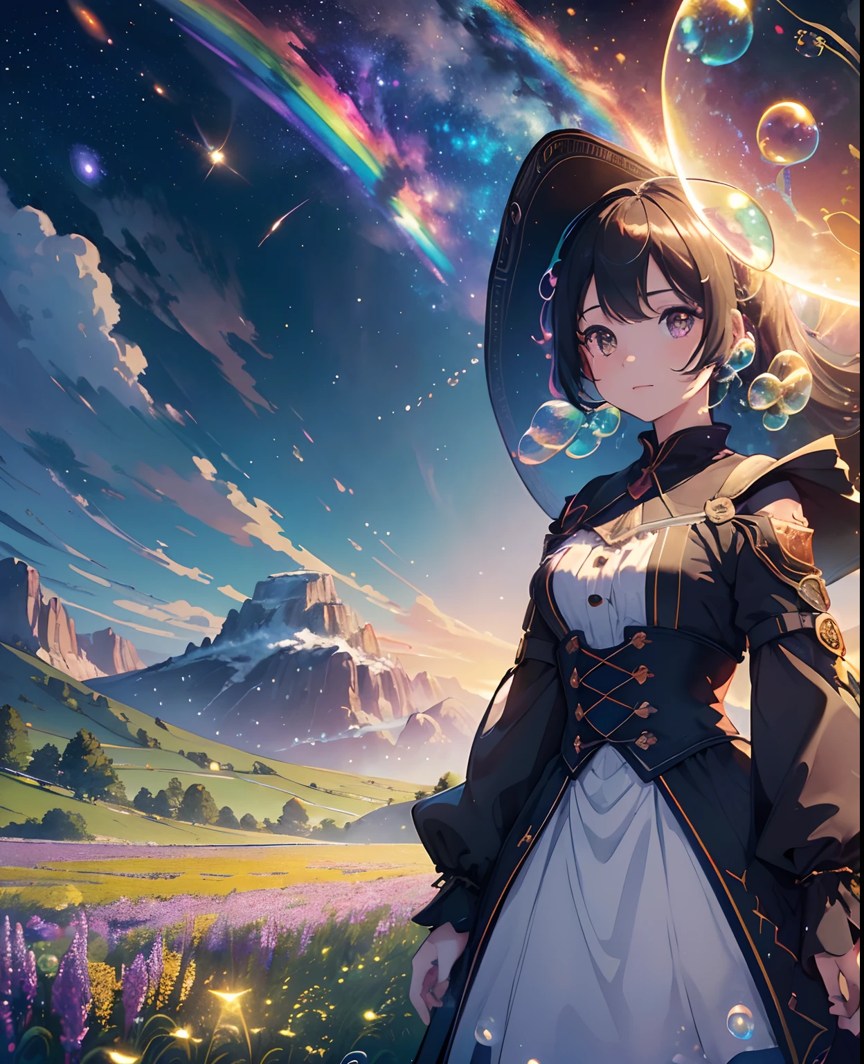 (Masterpiece), (Best Quality), (Official Art, Highly Detailed CG Unity 8k Wallpaper), (Very Detailed), (((Absurd)), 1 Girl, Midshot, (Exquisite Facial Features), (Serafuk: 1.3) ((SFW)), ((Clean Hands)), (White Neeso without shoes)), Aqua Eye, Colored Contact Lenses, Stars in the Eyes, (((((Colorful Bubbles)))), Colorful Glass, (Album cover) Vast landscape photo, (sky up, field below), girl standing in a flower field and looking up, (full moon: 1.2), (meteor: 0.9), (nebula: 1.3), distant mountains, trees BREAK craft art, (warm light: 1.2), (fireflies: 1.2), lights, lots of purple and orange, intricate details, voluminous lighting, realism BREAK (masterpiece (Best Quality), 4k, Ultra Detail, (Dynamic Composition: 1.4), Very Detailed, Colorful Details, (Rainbow Color: 1.2), (Glow Lighting, Atmospheric Lighting), Dreamy, Magical, (Solo: 1.2)
