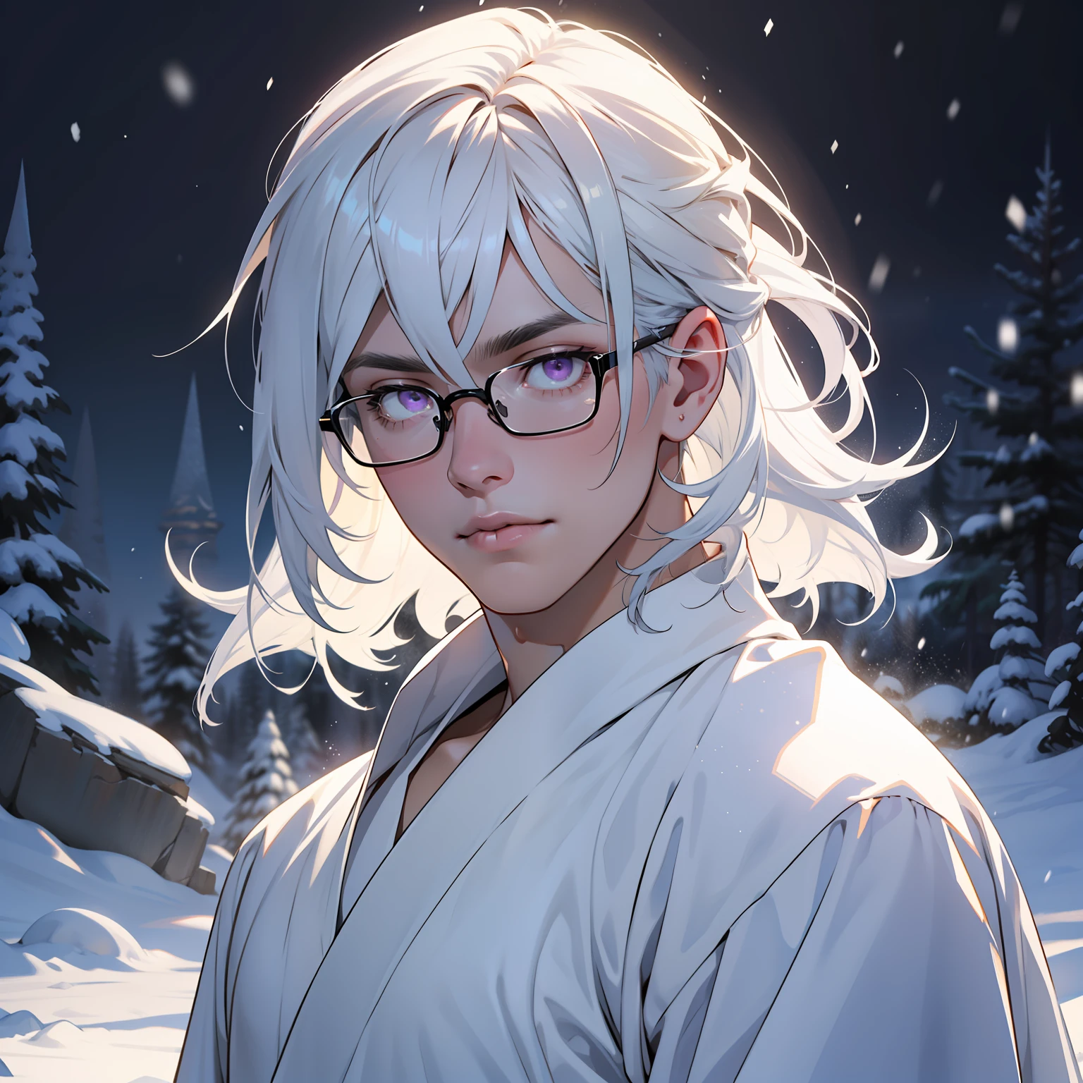 Libido boy,Young men,Super detailed wallpaper,Hi-Def,optimal quality,Snow and ice theme,Photorealistic photorealism,s fractal art,With light particles and volumetric light effects,crystal shards,Rendering,Ice and snow scenes,(crystal hair),Land of gems,(((Transparent hair))),Simple white clothes,long white robe,holy glow,Dingdall effect, glasses, purple eyes, Solo young man, slime masculine young man.