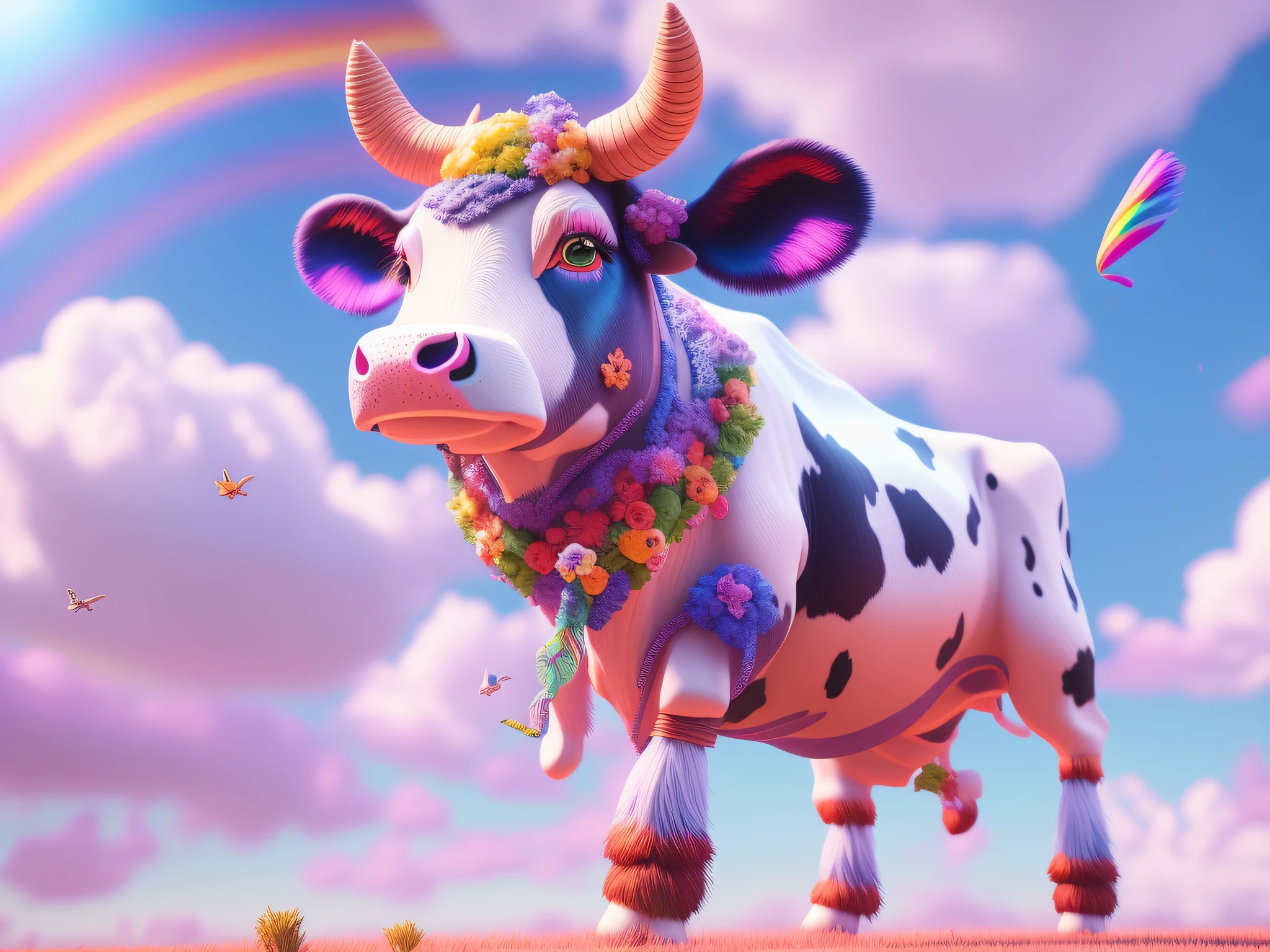There was a cow standing on the grass，The background is a rainbow, stylized pbr, stylized as a 3d render, jen bartel, cow, flying cow, fantasy style 8 k octane render, Fantastic ， mikecow, 3 d render official art, super detailed render, inspired by Ron English, Rolands Zilvinskis 3D rendering art
