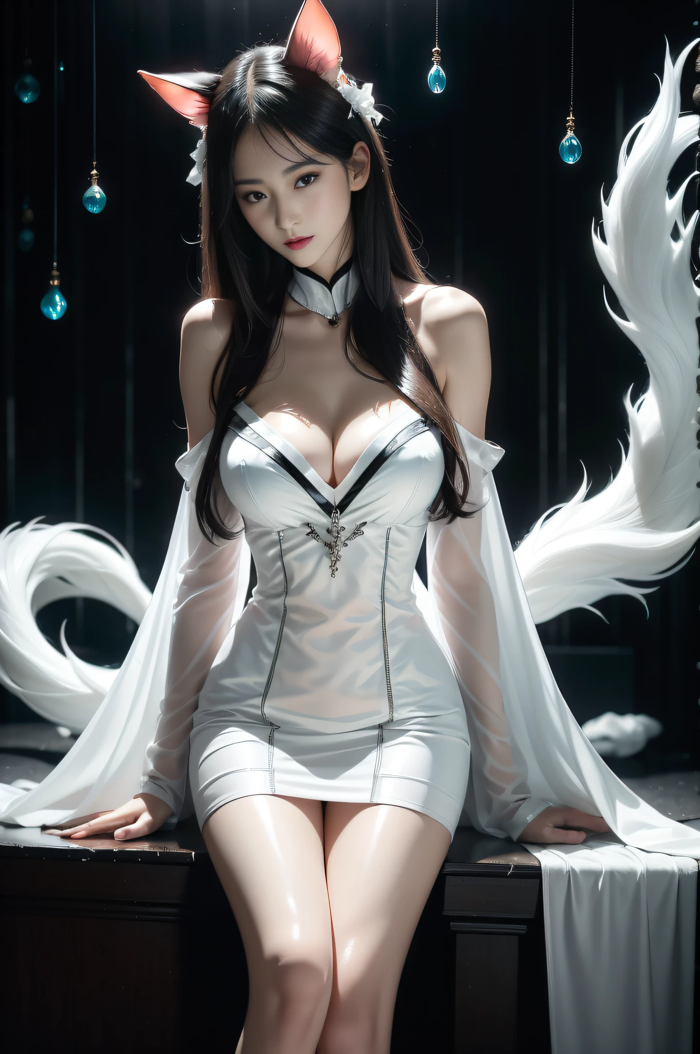 Black long straight girl，White translucent white coat，Sleeveless wet water nurse gown，cropped shoulders，delicate finger，Slender legs，White skin of the，leg loops，Plump breasts，Small feet，Look up，Short white translucent skirt