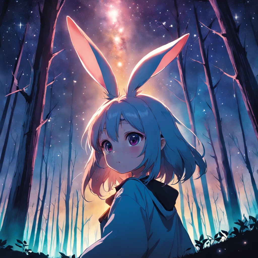 tmasterpiece,best qualityer,cinematic Film still from,1 rabbit,Close-up,natta,Rabbit looking up at the stars in the forest,Turn your back to the stars,Starry sky,spark of light