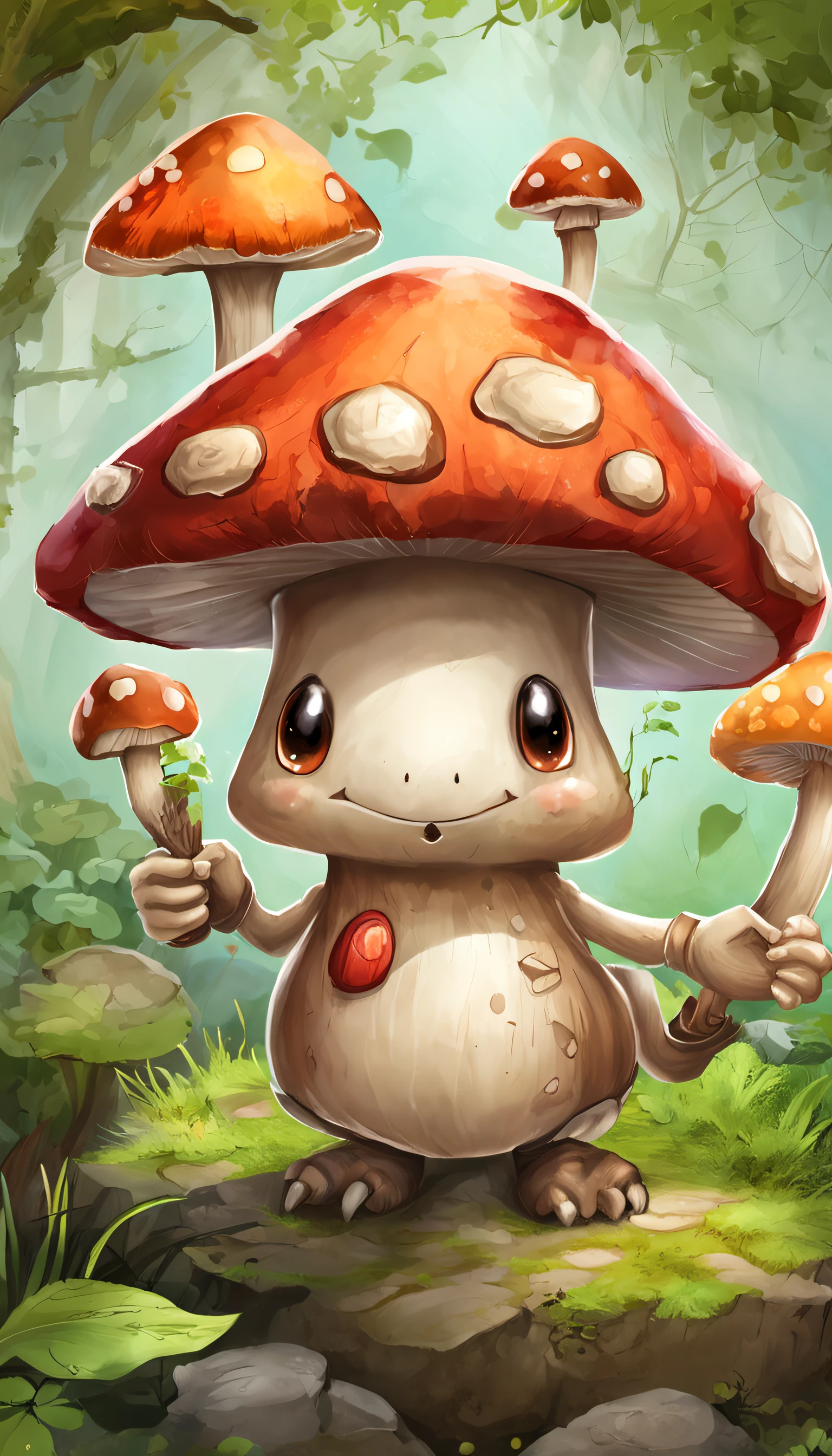 ((top-quality))、((tmasterpiece))、((Anthropomorphic male mushroom full body photo))、((very simple background))、(Game character design)、Mushroom anthropomorphic monsters、(Moss and mushrooms merge with the body,)、luminous body、Beastman、Ornaments with mushroom motifs、独奏、Fighting posture