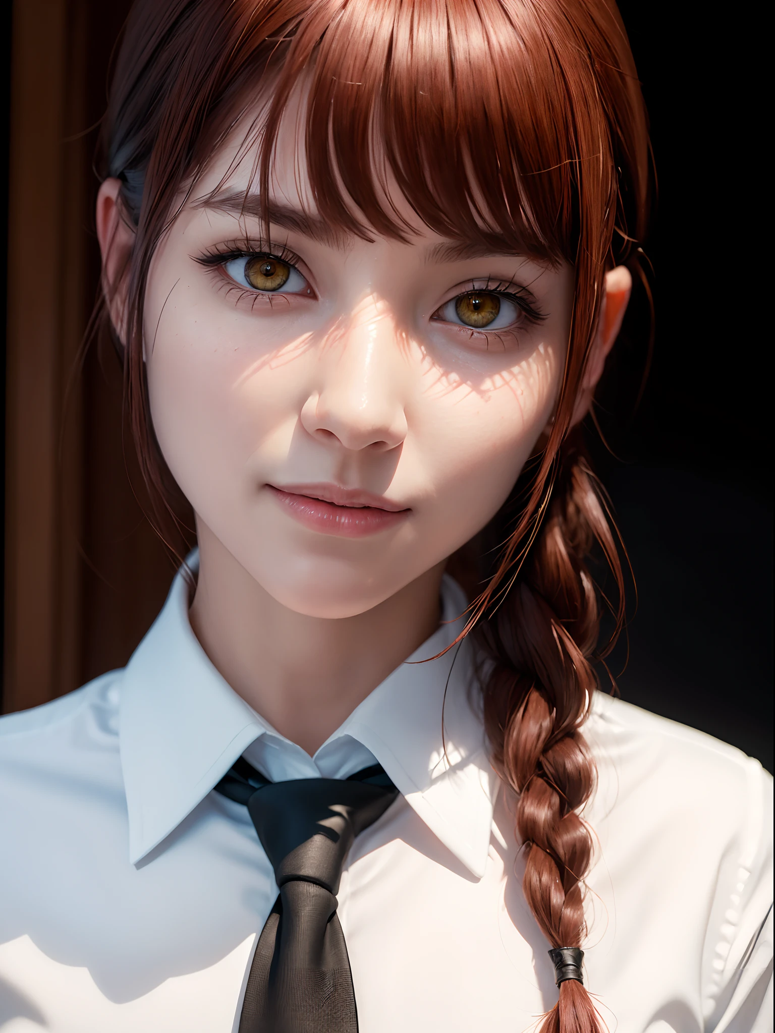 (masterpiece, best quality:1.4), cowboy shot, makima \(chainsaw man\), 1girl, bangs, indoors, black necktie, black pants, braid, braided ponytail, collared shirt, highres, long hair, long sleeves, necktie, red hair, ringed eyes, shirt, sidelocks, solo, uniform, white shirt, yellow eyes, , medium breasts, beautifull smile, beautiful face, highly detailed face, highly detailed eyes, highly detailed skin, skin pores, subsurface scattering, realistic pupils, full face blush, full lips, depth of field, volumetric lighting, sharp focus, absurdres, realistic proportions, good anatomy, (realistic, hyperrealistic:1.4), 16k hdr