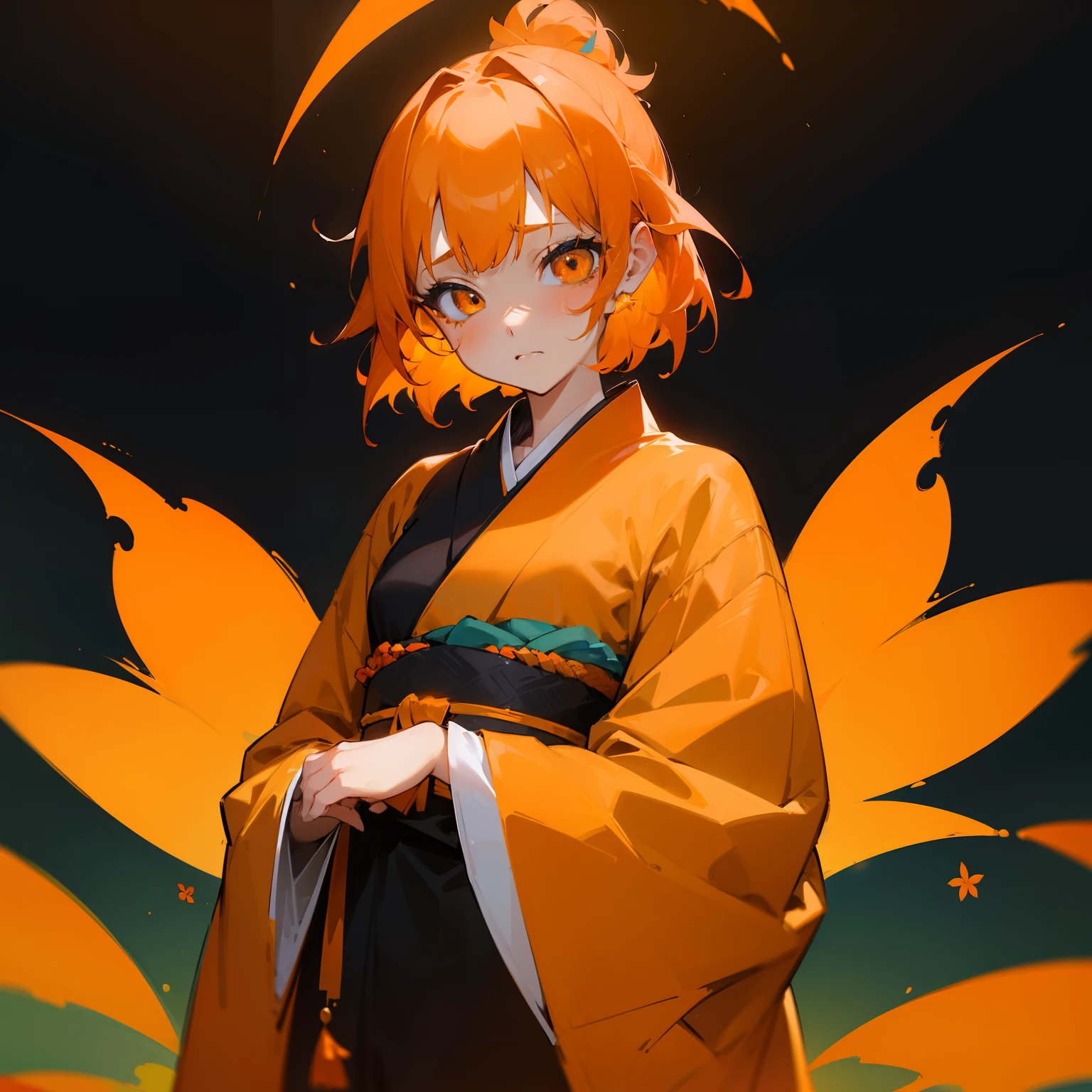 (Beautifully Aesthetic:1.2)、(1girl in:1.3)、(Black and orange colorful hair:1.2)、Wear a colorful kimono of orange and yellow、Fantastical、wretched、Orange and yellow marigolds are blooming、natta、starrysky、Sad face、