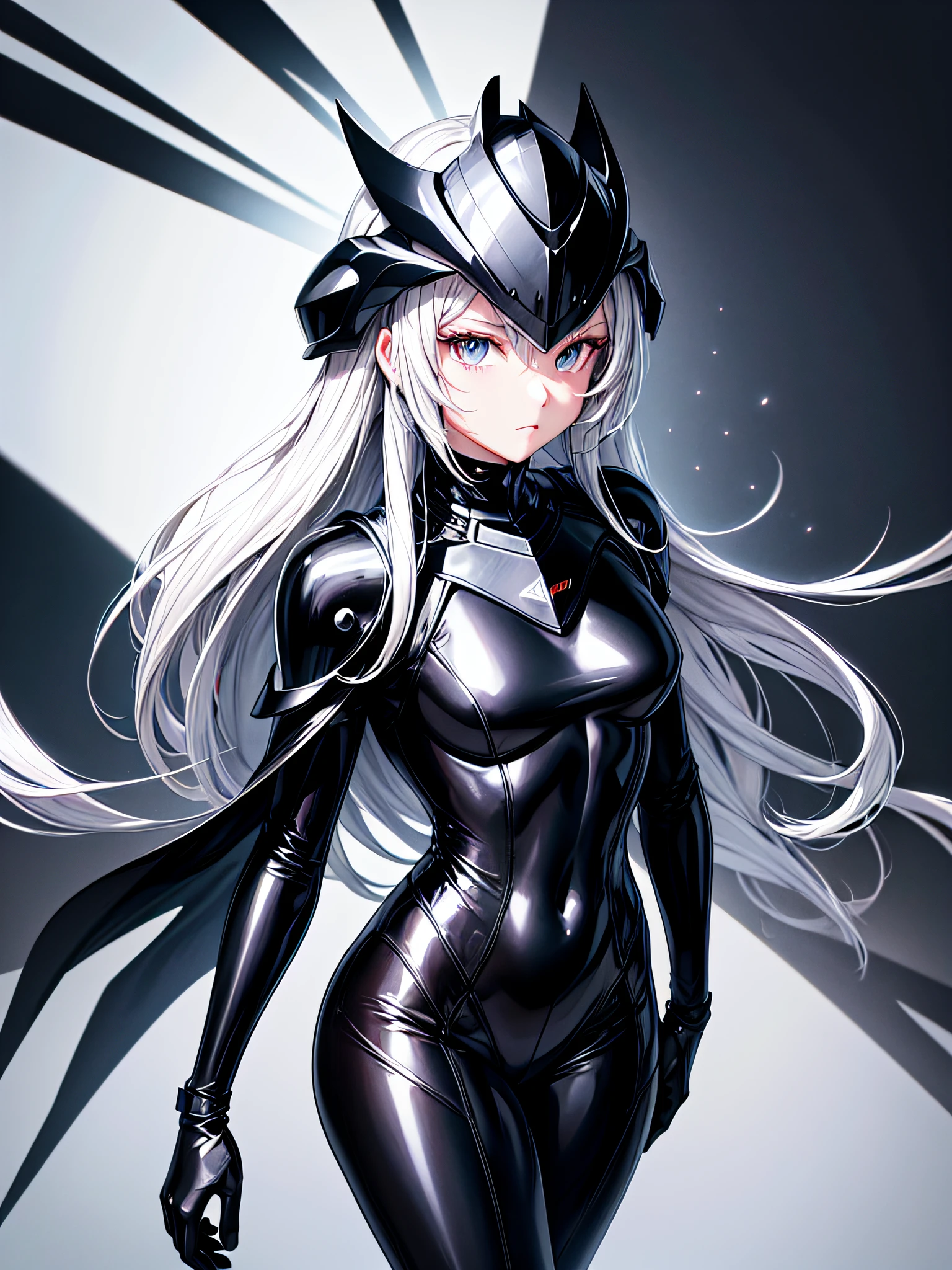 5 8K UHD、Silver-haired and small-nosed beauty in a black shiny black full-body rider suit wearing a black full-face helmet that covers the entire head is standing with her legs open facing the front、Wearing shiny black armor、Upper Body Up