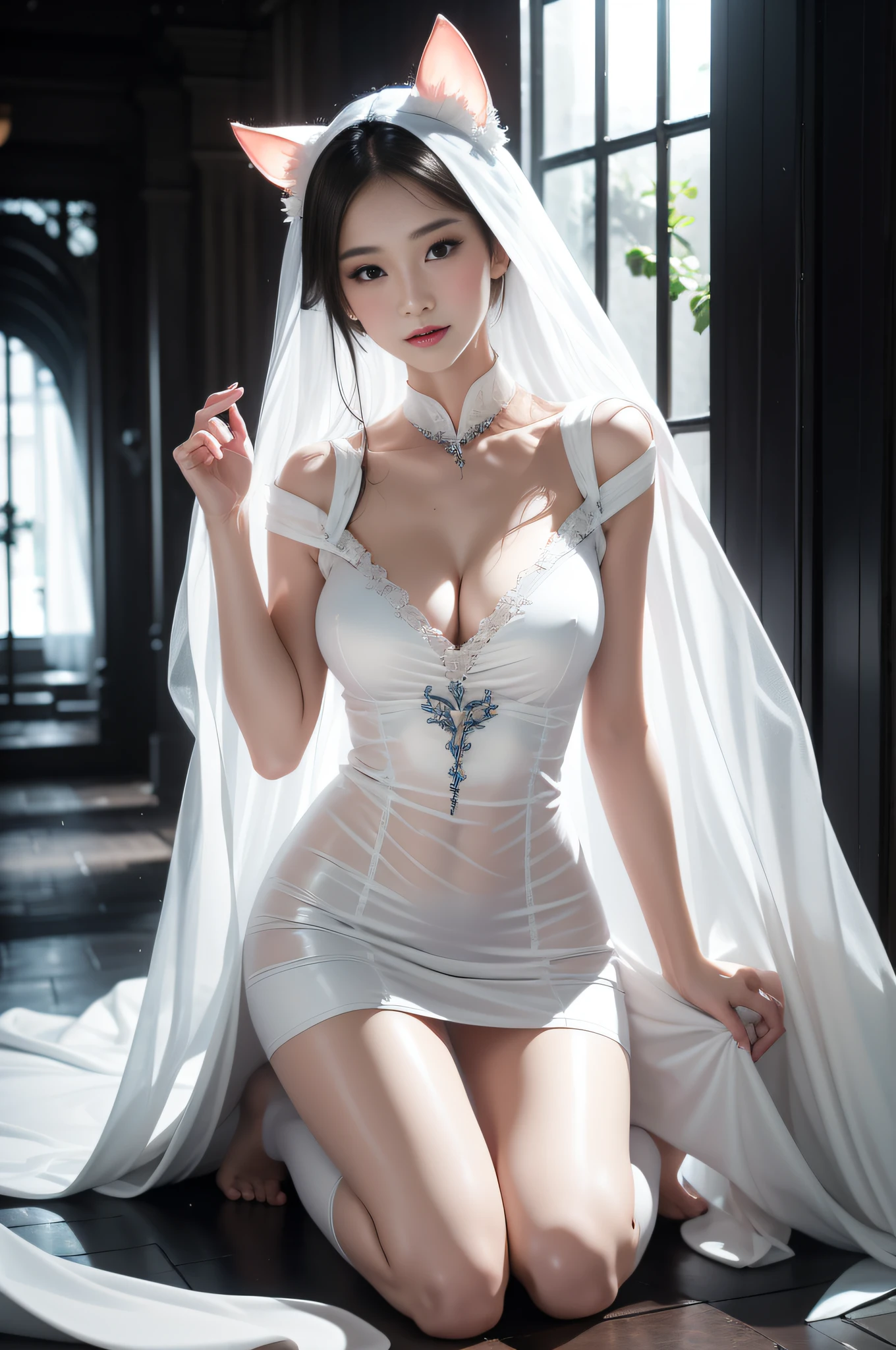 Black long straight girl，White translucent white coat，Sleeveless wet water nurse gown，cropped shoulders，delicate finger，Slender legs，White skin of the，leg loops，Plump breasts，Small feet，Look up，Short white translucent skirt