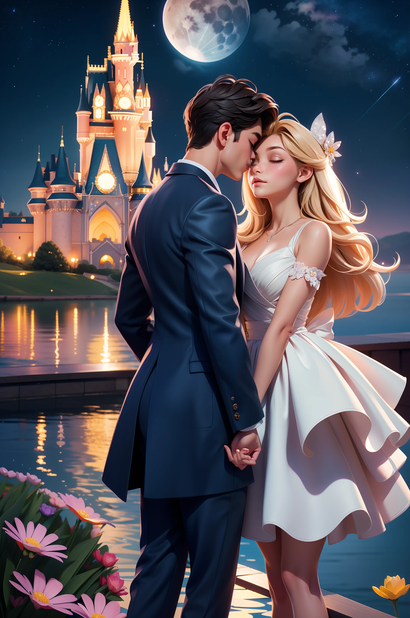 in a panoramic view，wide angles，Real-world realism，4k picture quality，Detailed description，Depiction of demeanor，Detail portrayal，(Romantic couple kissing in the wind)，Starry night、Cinderella's castle、Castle panorama，large moon、Small clouds、Moonlight、Tranquil lake，Beautiful moon reflection、Ultra-realistic scenes、detaileds、Foto realism，Starry sky at night，Fireworks bloom in the sky，Spherical flowers explode，Colorful，The meadows are full of flowers，The wind blows the petals，Normal face，