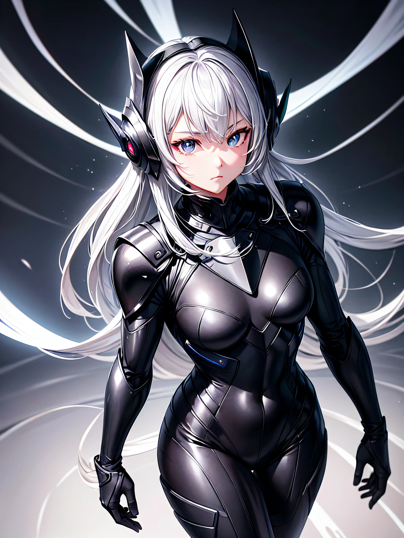 5 8K UHD、Silver-haired and small-nosed beauty in a black shiny black full-body rider suit wearing a black full-face helmet that covers the entire head is standing with her legs open facing the front、Wearing shiny black armor、Upper Body Up