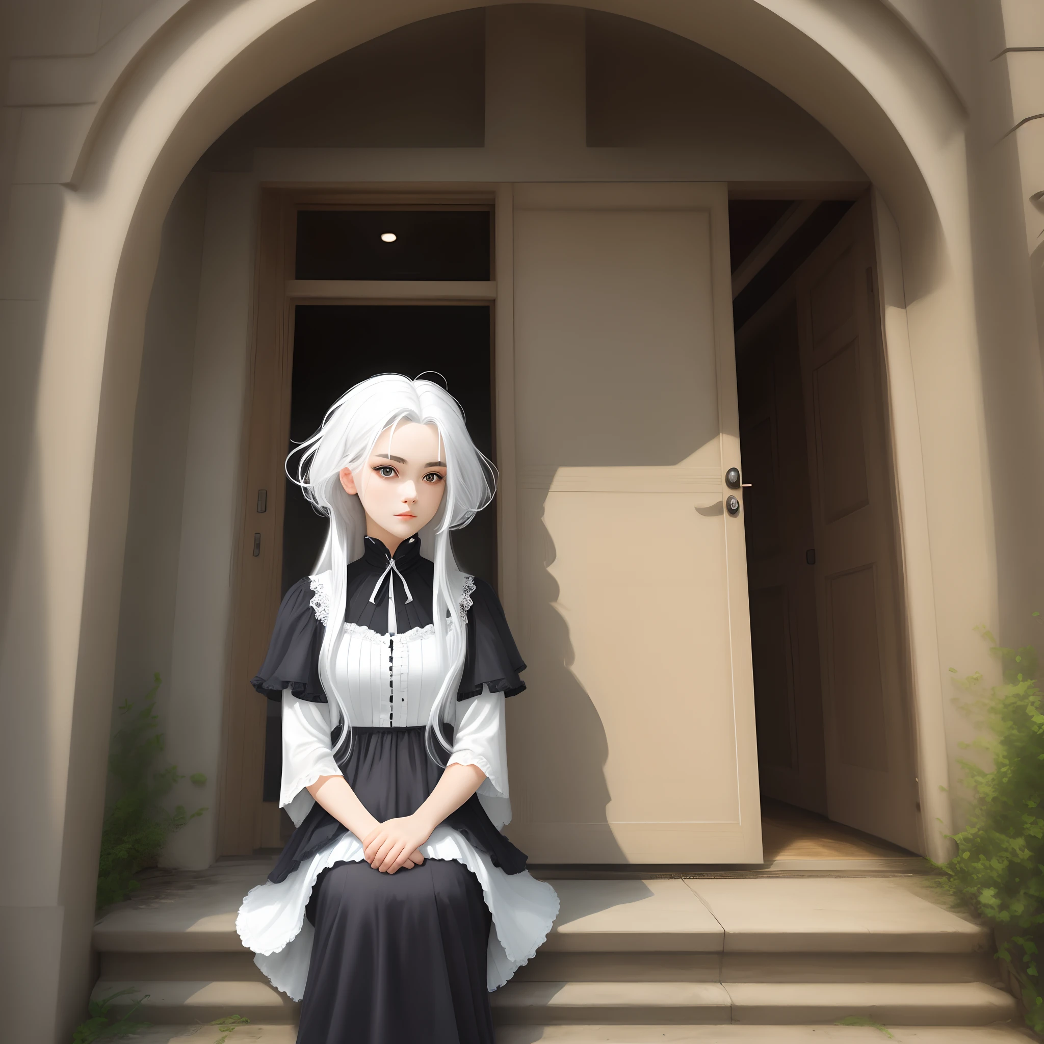 quadratic element，Beautiful girl with white hair，duck sitting