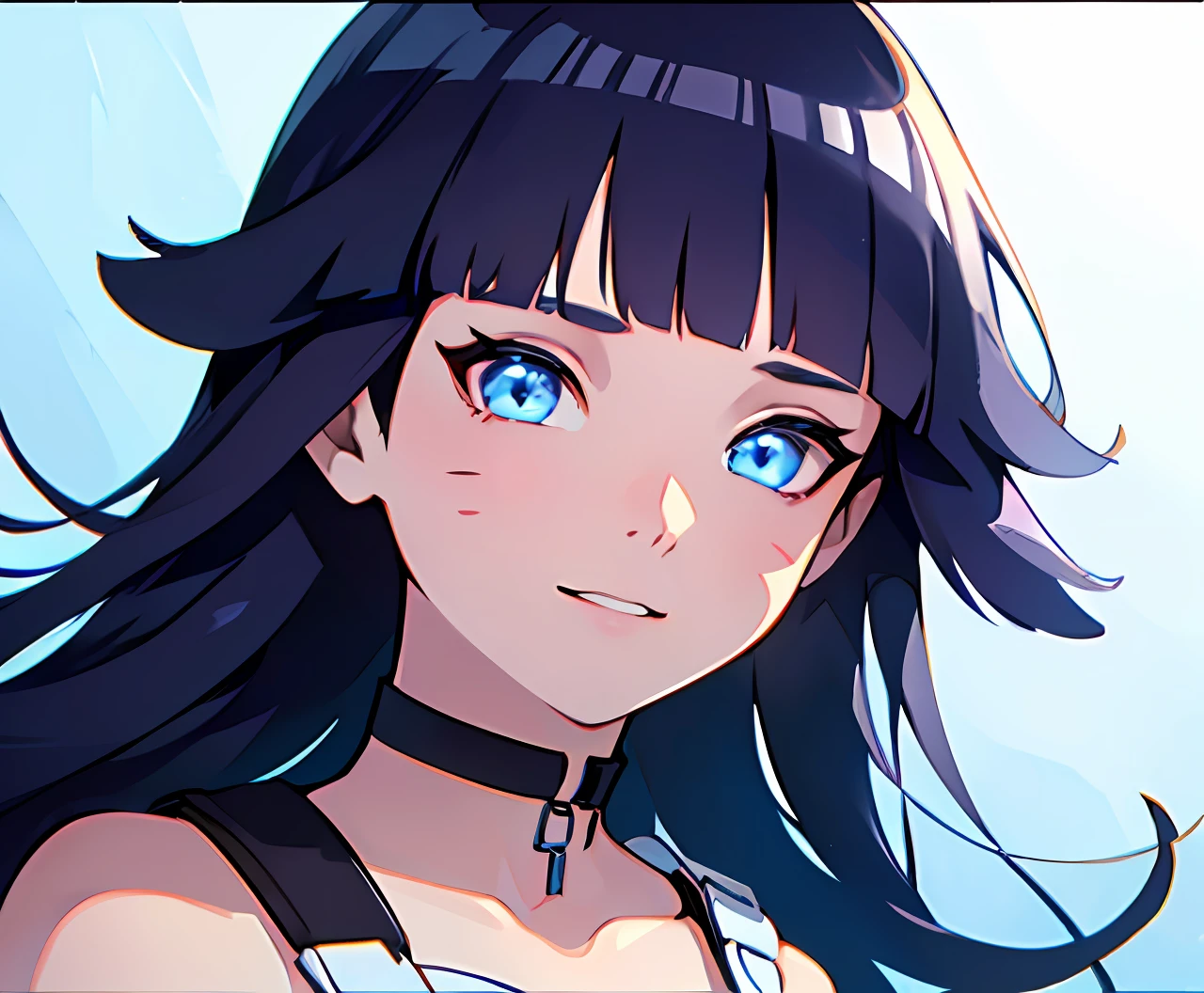 (high-quality, breathtaking),(expressive eyes, perfect face), short, young girl, long dark blue hair, blue eyes, smile, white crop top, choker, urban setting, blue sky, shine, glow, blunt bangs, himawari uzumaki, long hair, soft focus , light gradation watercolor , lens flare , glitter , glow , dreamy , white backgrond