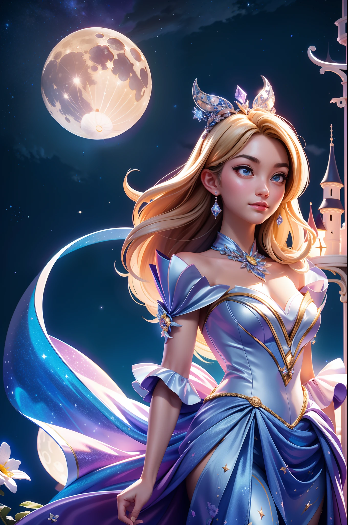 in a panoramic view,wide angles,(A man and a woman kiss indirectly in the picture,Starry night、Cinderella's castle、Panoramic view of Disney's stone castle),4k picture quality,Detailed description,Depiction of demeanor,Detail portrayal,large moon、Small clouds、Moonlight、A peaceful lake,Beautiful moon reflection、Ultra-realistic scenes、detaileds、Foto realism,Starry at night,Fireworks bloom in the sky,The spherical flower exploded,Colorful,The meadows are full of flowers,The wind blows the petals,Normal face,