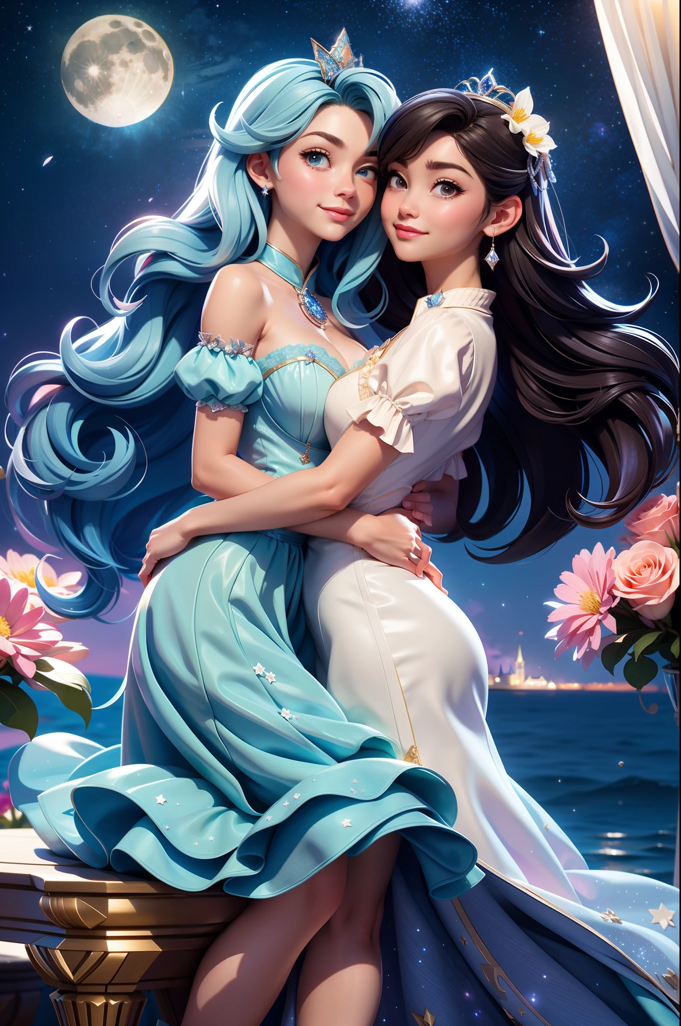 in a panoramic view,wide angles,(A man and a woman kiss indirectly in the picture,Starry night、Cinderella's castle、Panoramic view of Disney's stone castle),4k picture quality,Detailed description,Depiction of demeanor,Detail portrayal,large moon、Small clouds、Moonlight、A peaceful lake,Beautiful moon reflection、Ultra-realistic scenes、detaileds、Foto realism,Starry at night,Fireworks bloom in the sky,The spherical flower exploded,Colorful,The meadows are full of flowers,The wind blows the petals,Normal face,