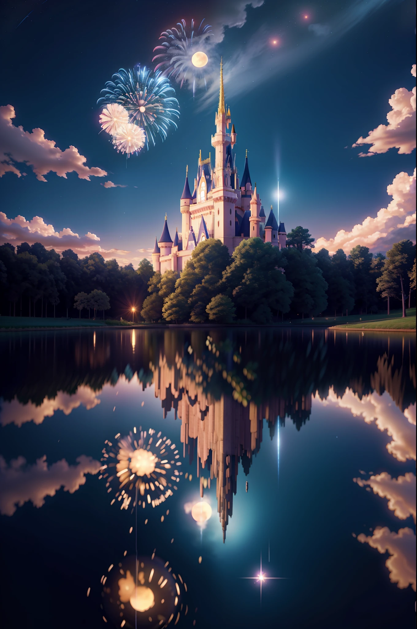 in a panoramic view,wide angles,A man and a woman kiss indirectly in the picture,Starry night、Cinderella's castle、Panoramic view of Disney's stone castle,4k picture quality,Detailed description,Depiction of demeanor,Detail portrayal,large moon、Small clouds、Moonlight、A peaceful lake,Beautiful moon reflection、Ultra-realistic scenes、detaileds、Foto realism,Starry at night,Fireworks bloom in the sky,The spherical flower exploded,Colorful,The meadows are full of flowers,The wind blows the petals,Normal face,