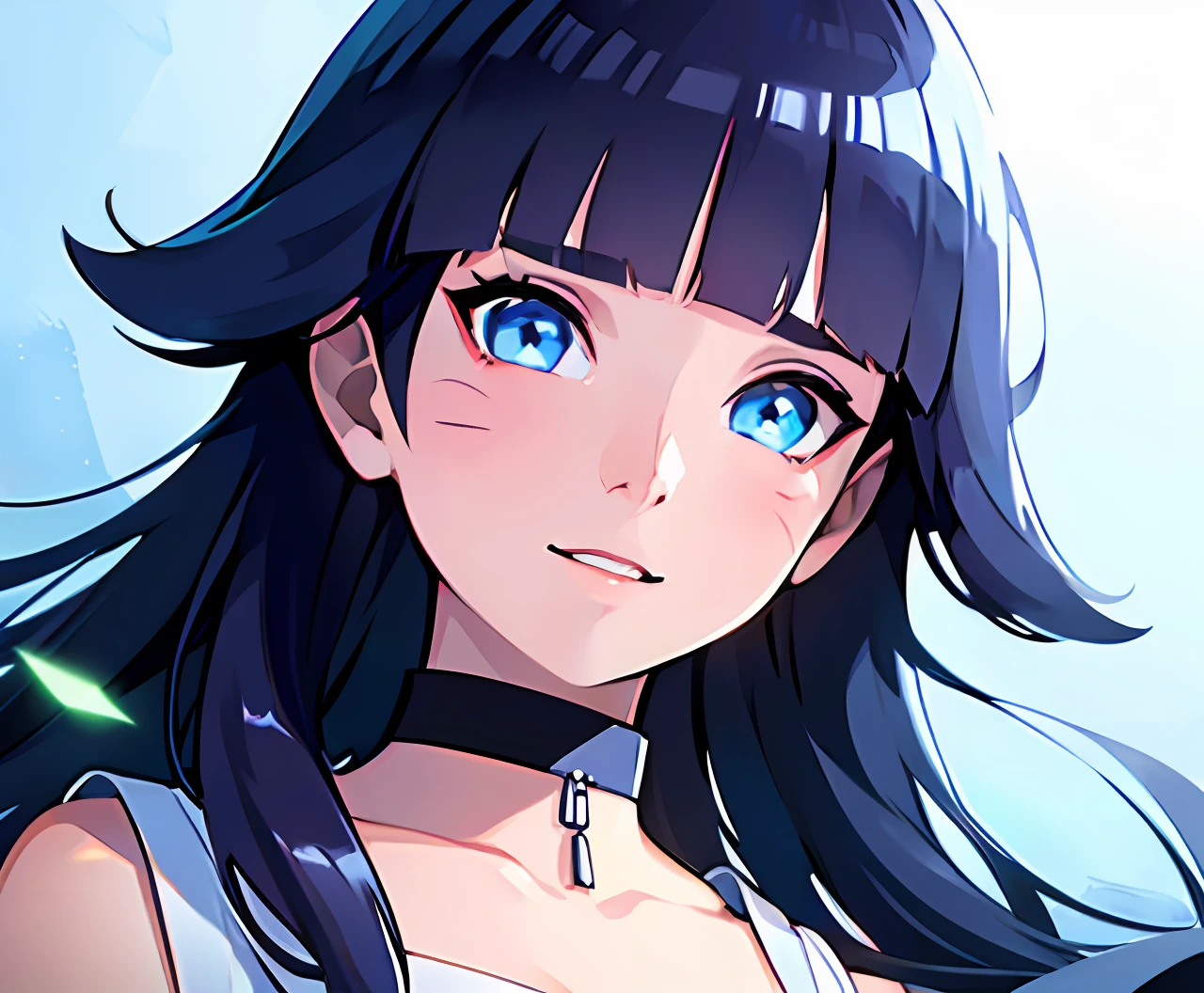 (high-quality, breathtaking),(expressive eyes, perfect face), short, young girl, long dark blue hair, blue eyes, smile, white crop top, choker, urban setting, blue sky, shine, glow, blunt bangs, himawari uzumaki, long hair, soft focus , light gradation watercolor , lens flare , glitter , glow , dreamy , white backgrond