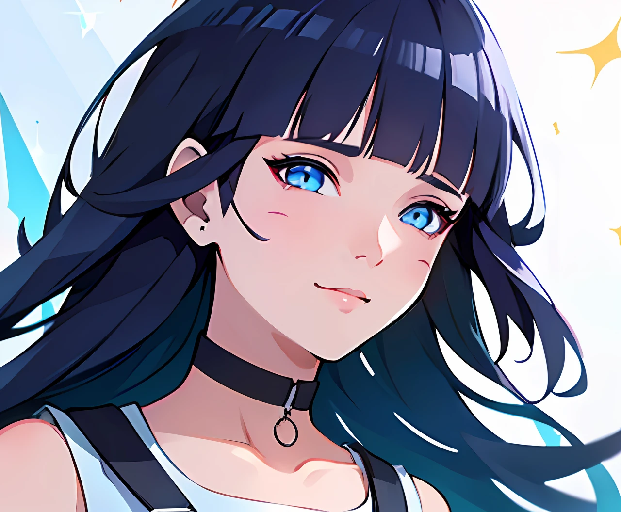 (high-quality, breathtaking),(expressive eyes, perfect face), short, young girl, long dark blue hair, blue eyes, smile, white crop top, choker, urban setting, blue sky, shine, glow, blunt bangs, himawari uzumaki, long hair, soft focus , light gradation watercolor , lens flare , glitter , glow , dreamy , white backgrond