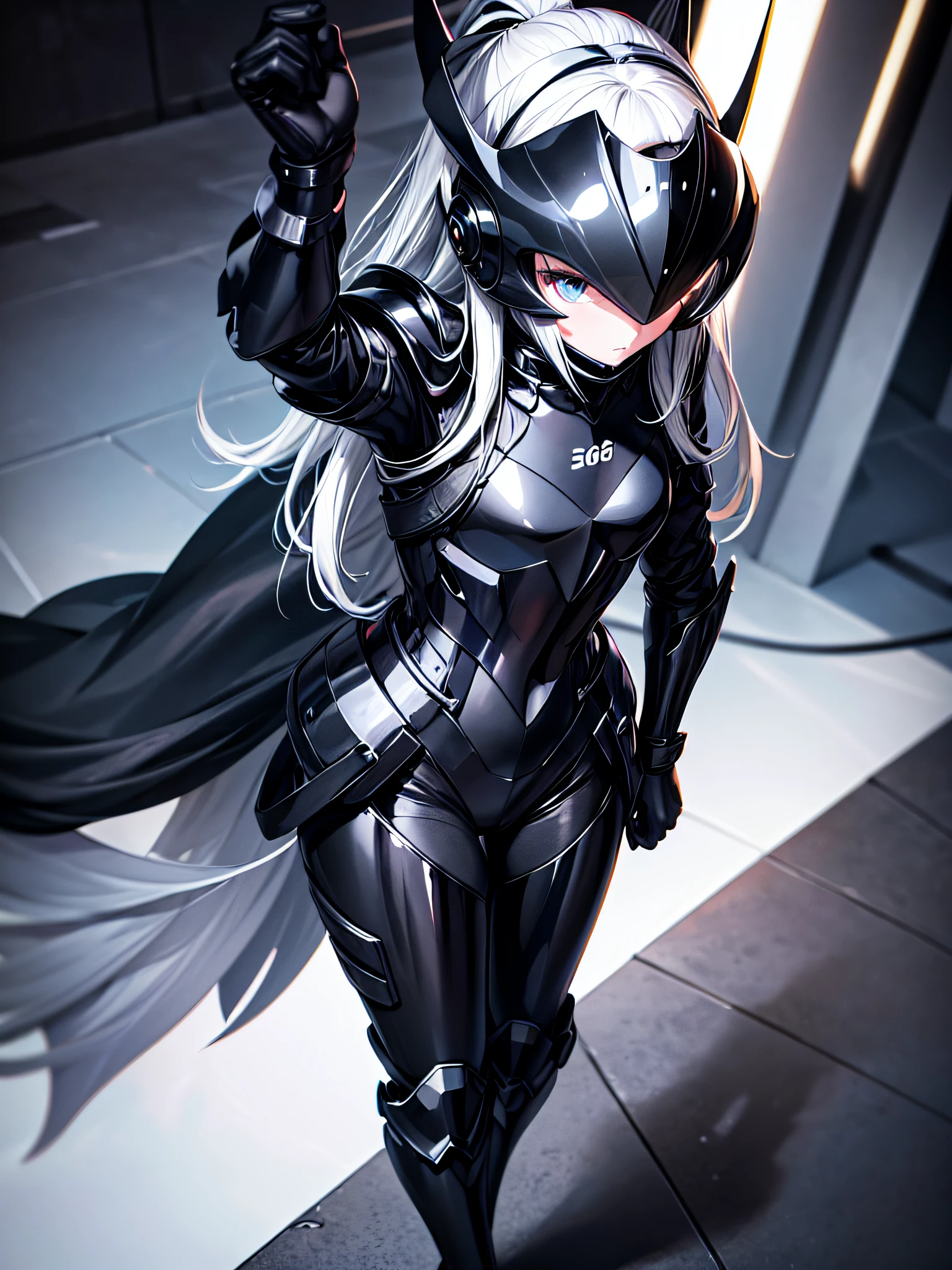 5 8K UHD、Silver-haired and small-nosed beauty in a black shiny black full-body rider suit wearing a black full-face helmet that covers the entire head is standing with her legs open facing the front、Wearing shiny black armor、Upper Body Up