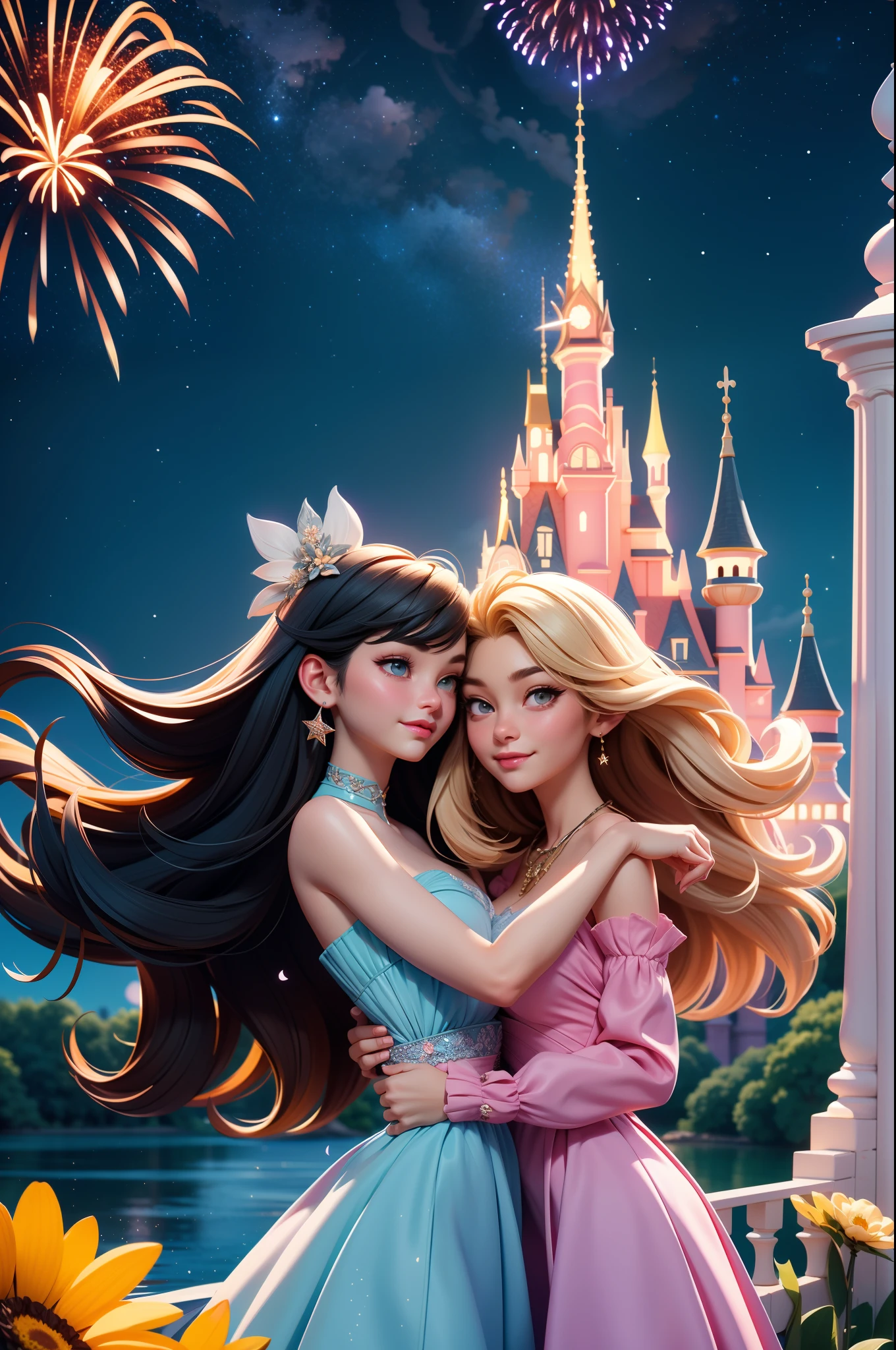in a panoramic view，wide angles，Real-world realism，4k picture quality，Detailed description，Depiction of demeanor，Detail portrayal，Romantic couple kissing in the wind，Starry night、Cinderella's castle、Castle panorama，large moon、Small clouds、Moonlight、A peaceful lake，Beautiful moon reflection、Ultra-realistic scenes、detaileds、Foto realism，Starry at night，Fireworks bloom in the sky，The spherical flower exploded，Colorful，The meadows are full of flowers，The wind blows the petals，Normal face，