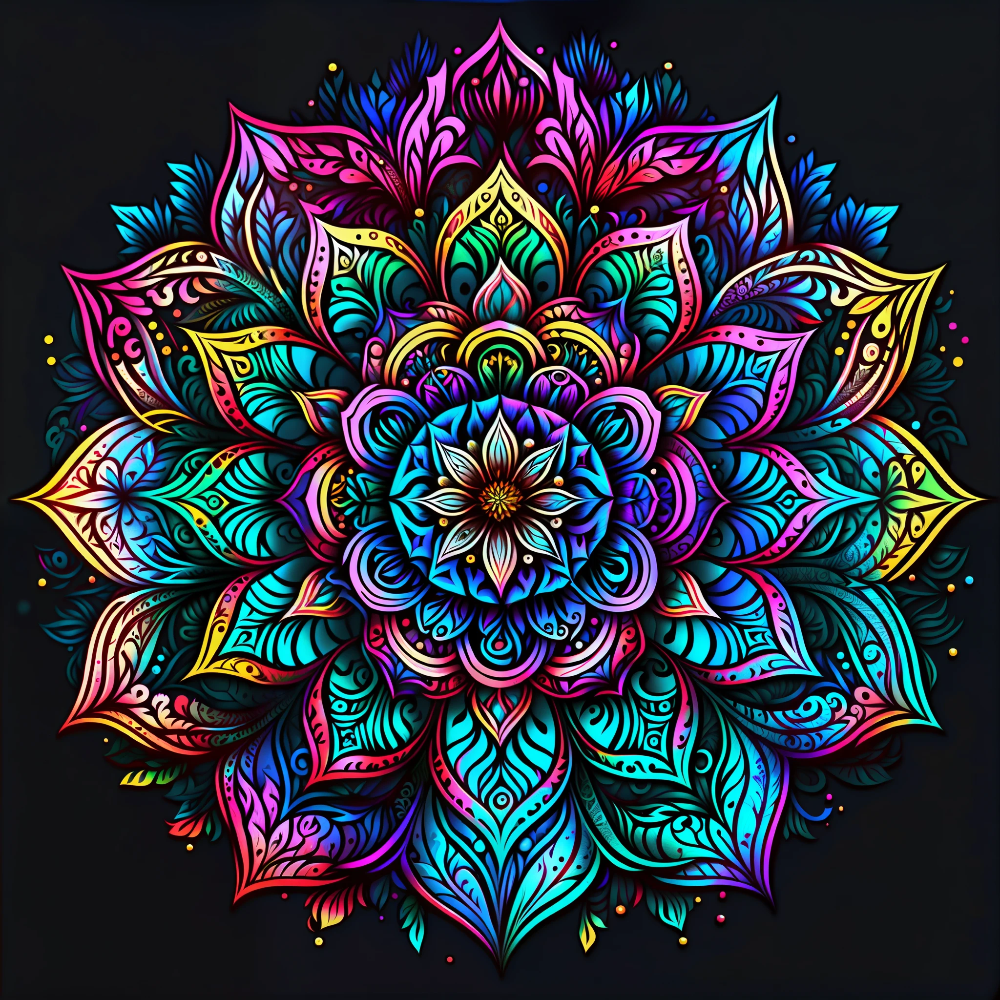 a colorful flower with a black background, colorful mandala, mandala art, lotus mandala, mandala ornament, super detailed color art, mandalas, rainbow gradient bloom, colorful intricate masterpiece, detailed art in color, intricate colorful masterpiece, mandalas, super detailed color art, psychedelic art style, intricate colorful, ornate flower design, vibrant high contrast coloring, multicolored vector art