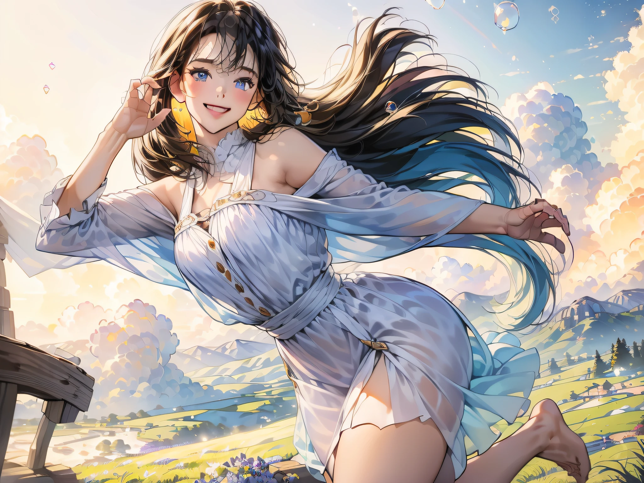 (Masterpiece), (Best Quality), (Official Art, Highly Detailed CG Unity 8k Wallpaper), (Very Detailed), (((Absurd)), 1 Girl, Midshot, (Exquisite Facial Features), (Serafuk: 1.3) ((SFW)), ((Clean Hands)), (White Neeso without shoes)), Aqua Eye, Colored Contact Lenses, Stars in the Eyes, (((((Colorful Bubbles)))), Colorful Glass, (Album cover) Vast landscape photo, (sky up, field below), girl standing in a flower field and looking up, (full moon: 1.2), (meteor: 0.9), (nebula: 1.3), distant mountains, trees BREAK craft art, (warm light: 1.2), (fireflies: 1.2), lights, lots of purple and orange, intricate details, voluminous lighting, realism BREAK (masterpiece (Best Quality), 4k, Ultra Detail, (Dynamic Composition: 1.4), Very Detailed, Colorful Details, (Rainbow Color: 1.2), (Glow Lighting, Atmospheric Lighting), Dreamy, Magical, (Solo: 1.2)