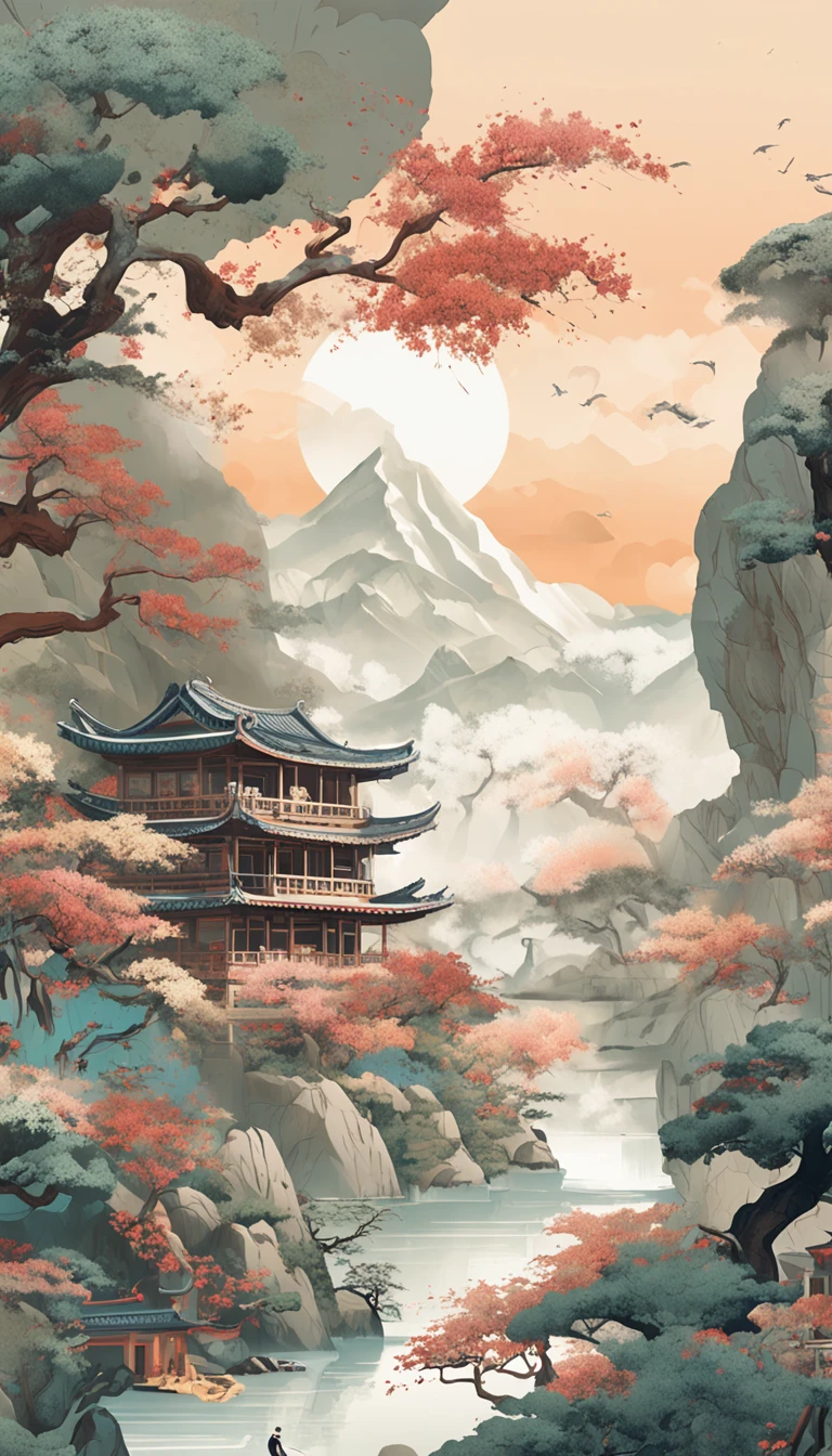 An idyllic Chinese mural, Light white style, Layered landscape, japanese style art, monumental murals, Ricoh FF-9D, Golden Age aesthetics, Exotic landscape