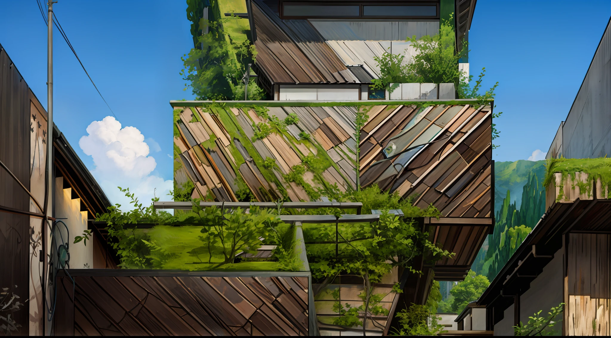 there is a tall building with a wooden roof and a green plant growing on the top, nature meets architecture, roof with vegetation, sustainable architecture, building cover with plant, vegetal architecture, vertical gardens, green architecture, vegetated roofs, plants on balconies, excellent textures, detail texture, painstaking detail, chiseled architecture, dense with greenery, (Japanese modern Landscape), (Hayao Miyazaki Style), japanese modern house, road, bend, small house, tree, pole, white cloud, landscape, outdoor, green trees, epic composition, realistic lighting, high-definition detail, masterpiece, the best quality, (very detailed CG unified 8k wallpaper), --v6