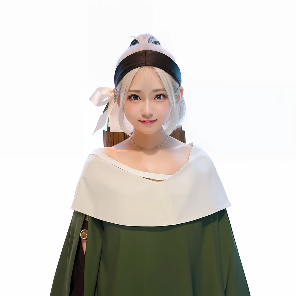 1girl, chiyo in anime naruto, short hair, sexy dress, white hair, brown eyes, smile, beautiful, white and green clothes, very big breast, sexy clothes, realistic clothes, detail clothes, indoor wallpaper, wallpaper realistic, wallpapaer detail, indoor background, ultra detail, realistic