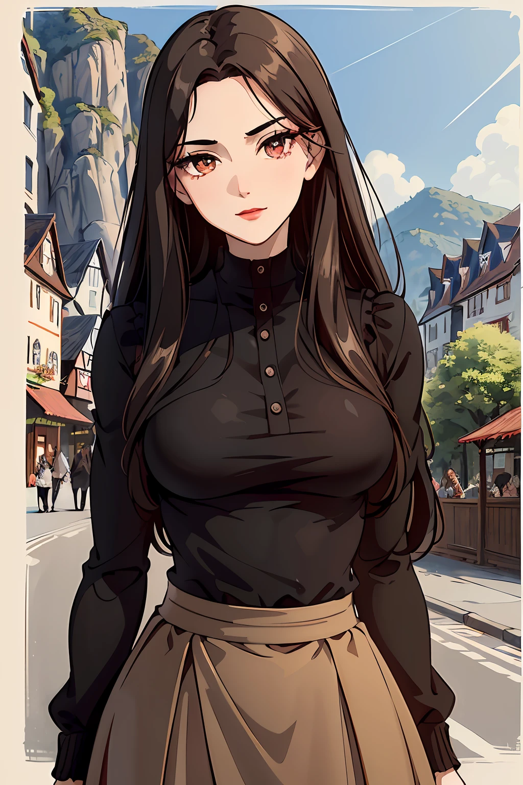 Black Henley neck Top, Brown Gored Skirt, young adult, 19 years, European face structure, German face structure, dark hair, long hair, brown eyes, beautiful eyes, eyebrow make up, make up face, red lips, shy expression, light smile, mid-sized chest, masterpiece, European village background, nature background, old street background