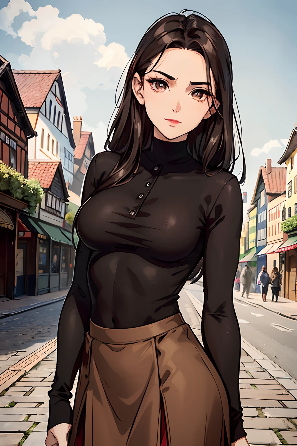 Black Henley neck Top, Brown Gored Skirt, young adult, 19 years, European face structure, German face structure, dark hair, long hair, brown eyes, beautiful eyes, eyebrow make up, make up face, red lips, shy expression, light smile, mid-sized chest, shy pose masterpiece, European village background, nature background, old street backgroun