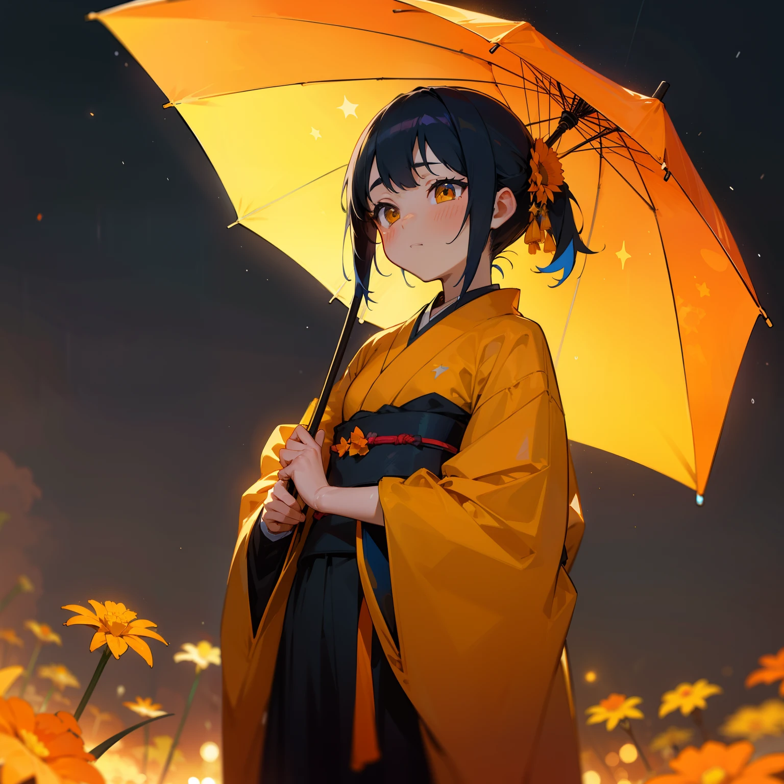 Under the beautiful and aesthetic night sky、While Starry Ski sparkles、One girl stood。Her hair is in a colorful color scheme of black and orange、She was wearing a colorful orange and yellow kimono.。Orange and yellow marigolds bloom around her、The pomp stood out even in the night。however、There was sadness on her face.、The rain was wetting her cheeks。The contrast between her and the marigold、It created an even more fantastic atmosphere in the night.。